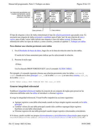 Manual del programador, Parte 2: Trabajar con datos Página 28 de 133
file://C:temp~hhE1A2.htm 30/05/2000
El tipo de etiqueta o clave de índice determinará el tipo de relación persistente que puede crear. Es
necesaria una etiqueta de índice principal o candidato para el lado 'uno' de una relación de uno a
varios; para el lado 'varios' debe utilizar una etiqueta o clave de índice normal. Si desea más
información sobre los tipos de índices y cómo crearlos, consulte el capítulo 7, Trabajar con tablas.
Para eliminar una relación persistente entre tablas
1. En el Diseñador de bases de datos, haga clic en la línea de relación entre las dos tablas.
El ancho de la línea aumentará para indicar que ha seleccionado la relación.
2. Presione la tecla supr.
–O bien–
Use la cláusula DROP FOREIGN KEY con el comando ALTER TABLE.
Por ejemplo, el comando siguiente elimina una relación persistente entre las tablas customer y
orders basada en la clave principal cust_id de la tabla customer y en una clave externa, cust_id,
de la tabla orders:
ALTER TABLE orders DROP FOREIGN KEY TAG cust_id SAVE
Generar integridad referencial
Establecer integridad referencial implica la creación de un conjunto de reglas para preservar las
relaciones definidas entre las tablas al introducir o eliminar registros.
Si exige la integridad referencial, Visual FoxPro impedirá las acciones siguientes:
l Agregar registros a una tabla relacionada cuando no haya ningún registro asociado en la tabla
principal.
l Cambiar valores de una tabla principal cuando tales cambios supongan dejar registros
huérfanos en una tabla relacionada.
l Eliminar registros de una tabla principal cuando tengan registros relacionados coincidentes.
Si lo desea, puede escribir sus propios desencadenantes y procedimientos almacenados para exigir la
integridad referencial. Sin embargo, el Generador de integridad referencial (IR) de Visual FoxPro
 