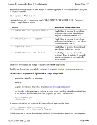 Manual del programador, Parte 3: Crear la interfaz Página 31 de 127
file://C:temp~hh572C.htm 30/05/2000
de comando cuando hace clic en éste, incluya el comando siguiente en el código de evento Click para
el botón de comando:
THIS.Caption = "Modificar"
La tabla siguiente ofrece ejemplos del uso de THISFORMSET, THISFORM, THIS y Parent para
establecer propiedades de objeto.
Comando Dónde debe incluir el comando
THISFORMSET.frm1.cmd1.Caption = 'Aceptar' En el código de evento o de método de
cualquier control de un formulario del
conjunto de formularios salvo frm1.
THISFORM.cmd1.Caption = 'Aceptar' En el código de evento o de método de
cualquier control salvo cmd1 en el mismo
formulario en que está cmd1.
THIS.Caption = 'Aceptar' En el código de evento o de método del
control cuyo título desea cambiar.
THIS.Parent.BackColor = RGB(192,0,0) En el código de evento o de método de
un control de un formulario. El comando
cambia a rojo oscuro el color de fondo
del formulario.
Establecer propiedades en tiempo de ejecución mediante expresiones
También puede establecer propiedades en tiempo de ejecución si utiliza expresiones o funciones.
Para establecer propiedades a expresiones en tiempo de ejecución
l Asigne una expresión a la propiedad.
–O bien–
l Asigne a la propiedad el resultado de una función definida por el usuario.
Por ejemplo, podría establecer el título de un botón como Modificar o Guardar, según el valor
de una variable. Declare la variable en el programa que llama a su formulario:
PUBLIC glModificar
glModificar = .F.
A continuación, utilice una expresión IIF para configurar la propiedad Caption:
frsSet1.frmForm1.cmdButton1.Caption = ;
IIF(glModificar = .F., "Modificar", "Guardar")
Podría determinar el tamaño de un botón y establecer el título mediante expresiones con campos de
 