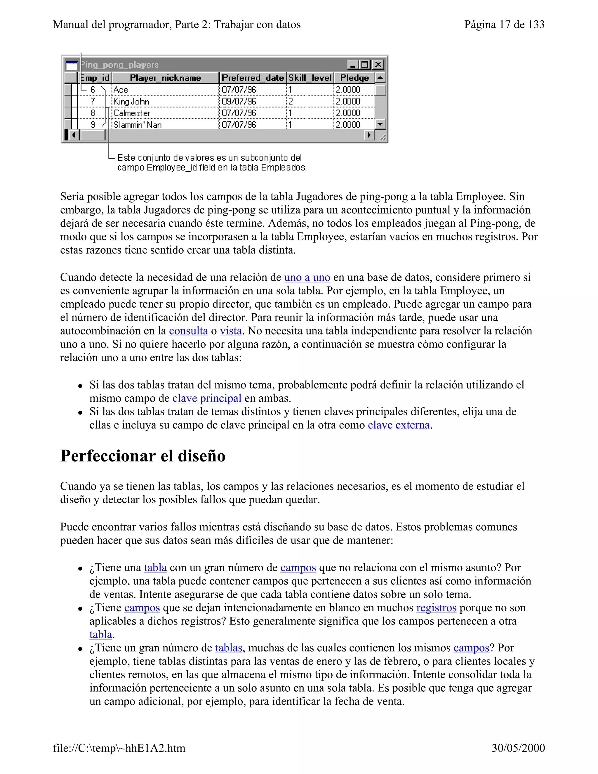 Manual del programador, Parte 2: Trabajar con datos                                          Página 17 de 133




 Sería posible agregar todos los campos de la tabla Jugadores de ping-pong a la tabla Employee. Sin
 embargo, la tabla Jugadores de ping-pong se utiliza para un acontecimiento puntual y la información
 dejará de ser necesaria cuando éste termine. Además, no todos los empleados juegan al Ping-pong, de
 modo que si los campos se incorporasen a la tabla Employee, estarían vacíos en muchos registros. Por
 estas razones tiene sentido crear una tabla distinta.

 Cuando detecte la necesidad de una relación de uno a uno en una base de datos, considere primero si
 es conveniente agrupar la información en una sola tabla. Por ejemplo, en la tabla Employee, un
 empleado puede tener su propio director, que también es un empleado. Puede agregar un campo para
 el número de identificación del director. Para reunir la información más tarde, puede usar una
 autocombinación en la consulta o vista. No necesita una tabla independiente para resolver la relación
 uno a uno. Si no quiere hacerlo por alguna razón, a continuación se muestra cómo configurar la
 relación uno a uno entre las dos tablas:

     l   Si las dos tablas tratan del mismo tema, probablemente podrá definir la relación utilizando el
         mismo campo de clave principal en ambas.
     l   Si las dos tablas tratan de temas distintos y tienen claves principales diferentes, elija una de
         ellas e incluya su campo de clave principal en la otra como clave externa.

 Perfeccionar el diseño
 Cuando ya se tienen las tablas, los campos y las relaciones necesarios, es el momento de estudiar el
 diseño y detectar los posibles fallos que puedan quedar.

 Puede encontrar varios fallos mientras está diseñando su base de datos. Estos problemas comunes
 pueden hacer que sus datos sean más difíciles de usar que de mantener:

     l   ¿Tiene una tabla con un gran número de campos que no relaciona con el mismo asunto? Por
         ejemplo, una tabla puede contener campos que pertenecen a sus clientes así como información
         de ventas. Intente asegurarse de que cada tabla contiene datos sobre un solo tema.
     l   ¿Tiene campos que se dejan intencionadamente en blanco en muchos registros porque no son
         aplicables a dichos registros? Esto generalmente significa que los campos pertenecen a otra
         tabla.
     l   ¿Tiene un gran número de tablas, muchas de las cuales contienen los mismos campos? Por
         ejemplo, tiene tablas distintas para las ventas de enero y las de febrero, o para clientes locales y
         clientes remotos, en las que almacena el mismo tipo de información. Intente consolidar toda la
         información perteneciente a un solo asunto en una sola tabla. Es posible que tenga que agregar
         un campo adicional, por ejemplo, para identificar la fecha de venta.


file://C:temp~hhE1A2.htm                                                                         30/05/2000
 