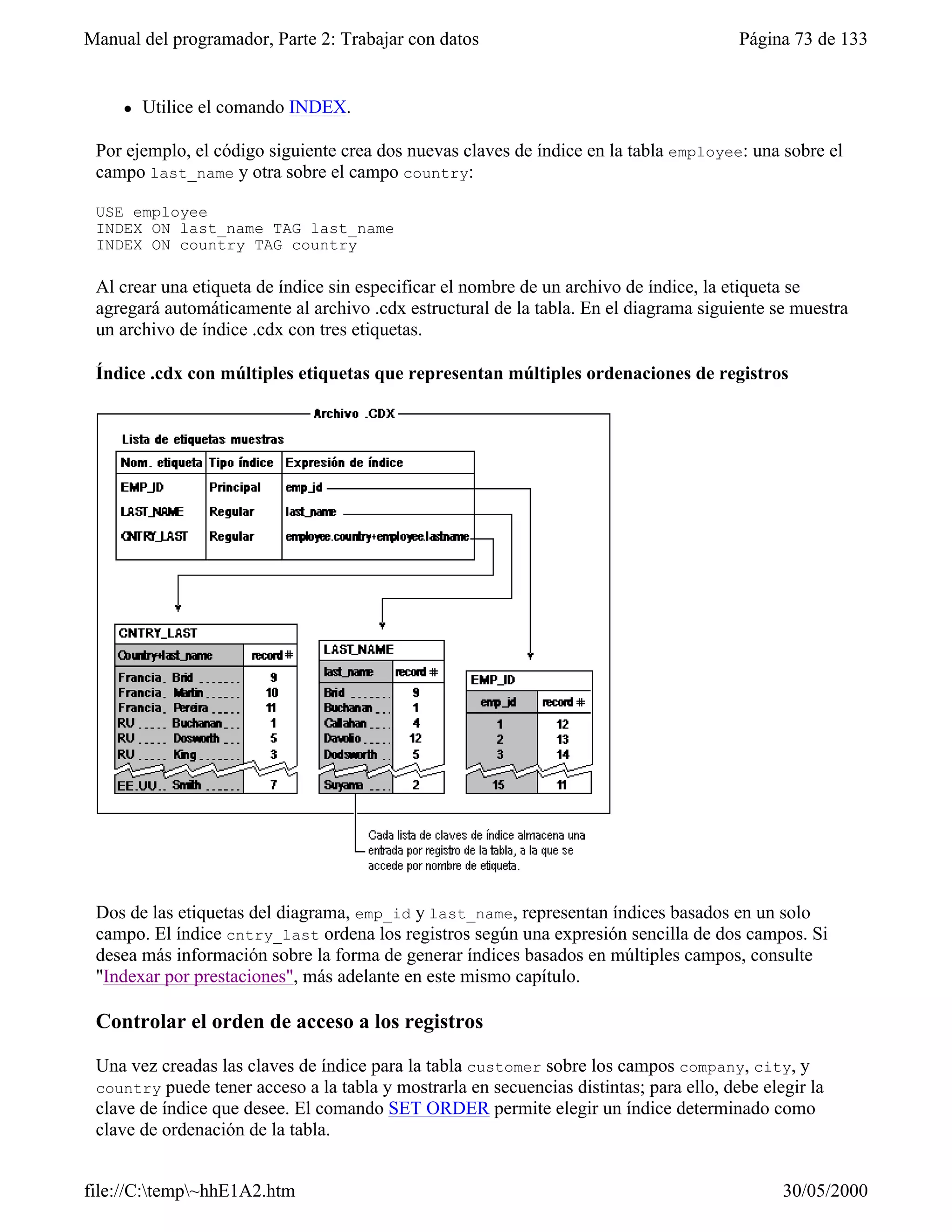 Manual del programador, Parte 2: Trabajar con datos                                      Página 73 de 133


     l   Utilice el comando INDEX.

 Por ejemplo, el código siguiente crea dos nuevas claves de índice en la tabla employee: una sobre el
 campo last_name y otra sobre el campo country:

 USE employee
 INDEX ON last_name TAG last_name
 INDEX ON country TAG country

 Al crear una etiqueta de índice sin especificar el nombre de un archivo de índice, la etiqueta se
 agregará automáticamente al archivo .cdx estructural de la tabla. En el diagrama siguiente se muestra
 un archivo de índice .cdx con tres etiquetas.

 Índice .cdx con múltiples etiquetas que representan múltiples ordenaciones de registros




 Dos de las etiquetas del diagrama, emp_id y last_name, representan índices basados en un solo
 campo. El índice cntry_last ordena los registros según una expresión sencilla de dos campos. Si
 desea más información sobre la forma de generar índices basados en múltiples campos, consulte
 "Indexar por prestaciones", más adelante en este mismo capítulo.

 Controlar el orden de acceso a los registros

 Una vez creadas las claves de índice para la tabla customer sobre los campos company, city, y
 country puede tener acceso a la tabla y mostrarla en secuencias distintas; para ello, debe elegir la
 clave de índice que desee. El comando SET ORDER permite elegir un índice determinado como
 clave de ordenación de la tabla.


file://C:temp~hhE1A2.htm                                                                     30/05/2000
 
