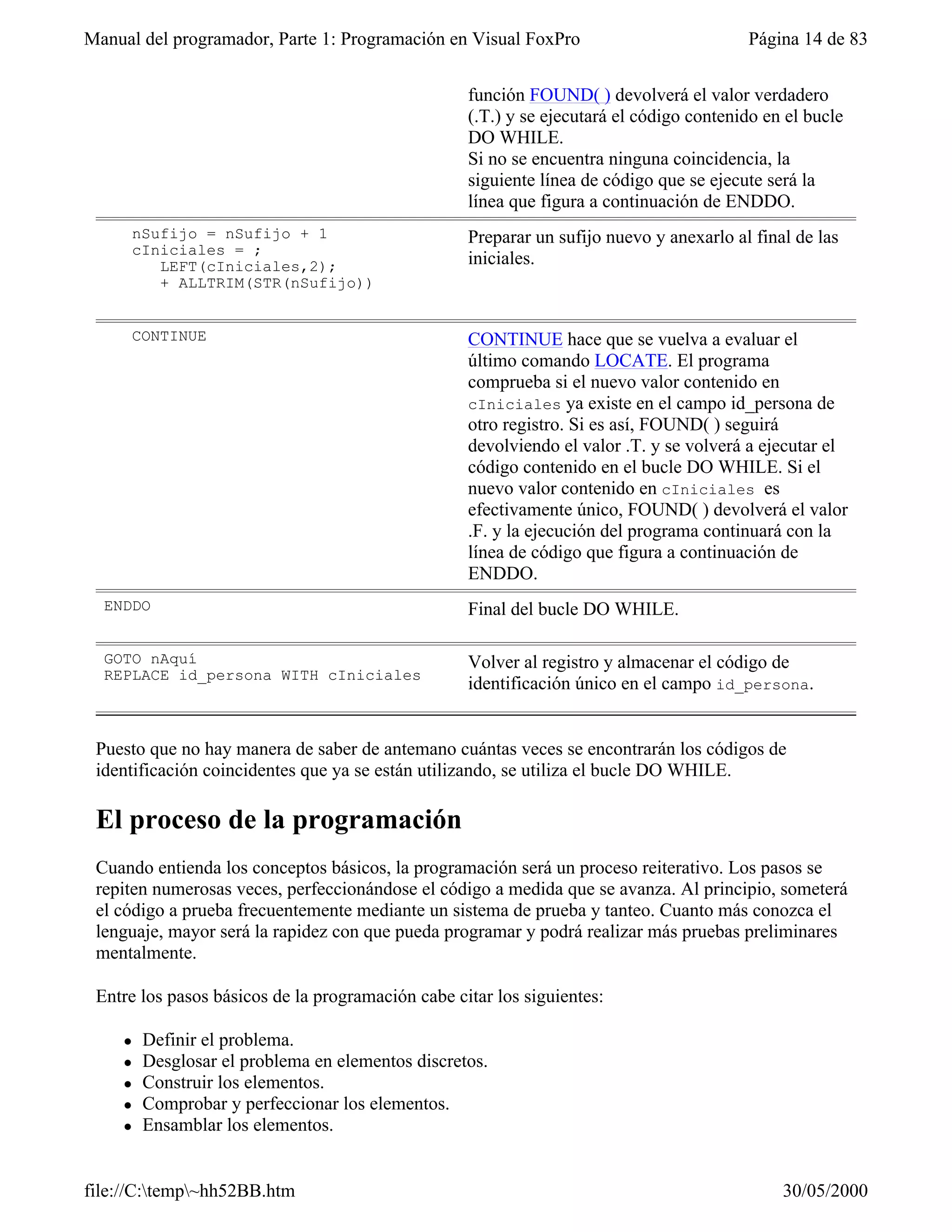 Manual del programador, Parte 1: Programación en Visual FoxPro                           Página 14 de 83


                                                   función FOUND( ) devolverá el valor verdadero
                                                   (.T.) y se ejecutará el código contenido en el bucle
                                                   DO WHILE.
                                                   Si no se encuentra ninguna coincidencia, la
                                                   siguiente línea de código que se ejecute será la
                                                   línea que figura a continuación de ENDDO.
        nSufijo = nSufijo + 1                      Preparar un sufijo nuevo y anexarlo al final de las
        cIniciales = ;
           LEFT(cIniciales,2);                     iniciales.
           + ALLTRIM(STR(nSufijo))


        CONTINUE                                   CONTINUE hace que se vuelva a evaluar el
                                                   último comando LOCATE. El programa
                                                   comprueba si el nuevo valor contenido en
                                                   cIniciales ya existe en el campo id_persona de
                                                   otro registro. Si es así, FOUND( ) seguirá
                                                   devolviendo el valor .T. y se volverá a ejecutar el
                                                   código contenido en el bucle DO WHILE. Si el
                                                   nuevo valor contenido en cIniciales es
                                                   efectivamente único, FOUND( ) devolverá el valor
                                                   .F. y la ejecución del programa continuará con la
                                                   línea de código que figura a continuación de
                                                   ENDDO.
  ENDDO                                            Final del bucle DO WHILE.

  GOTO nAquí                                       Volver al registro y almacenar el código de
  REPLACE id_persona WITH cIniciales
                                                   identificación único en el campo id_persona.


 Puesto que no hay manera de saber de antemano cuántas veces se encontrarán los códigos de
 identificación coincidentes que ya se están utilizando, se utiliza el bucle DO WHILE.

 El proceso de la programación
 Cuando entienda los conceptos básicos, la programación será un proceso reiterativo. Los pasos se
 repiten numerosas veces, perfeccionándose el código a medida que se avanza. Al principio, someterá
 el código a prueba frecuentemente mediante un sistema de prueba y tanteo. Cuanto más conozca el
 lenguaje, mayor será la rapidez con que pueda programar y podrá realizar más pruebas preliminares
 mentalmente.

 Entre los pasos básicos de la programación cabe citar los siguientes:

    l    Definir el problema.
    l    Desglosar el problema en elementos discretos.
    l    Construir los elementos.
    l    Comprobar y perfeccionar los elementos.
    l    Ensamblar los elementos.


file://C:temp~hh52BB.htm                                                                    30/05/2000
 
