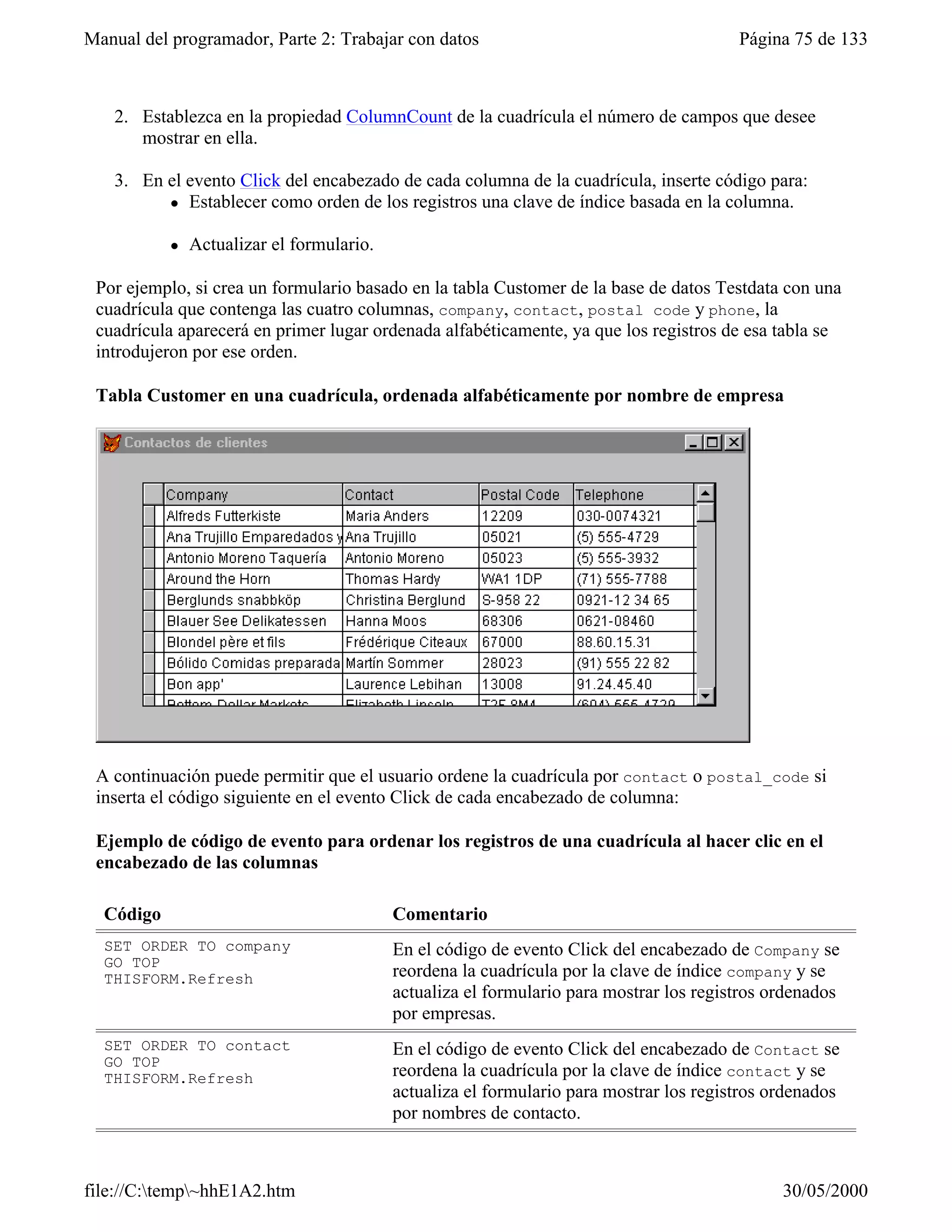 Manual del programador, Parte 2: Trabajar con datos                                      Página 75 de 133
   1. Cree un formulario con un control Grid.

   2. Establezca en la propiedad ColumnCount de la cuadrícula el número de campos que desee
      mostrar en ella.

   3. En el evento Click del encabezado de cada columna de la cuadrícula, inserte código para:
         l Establecer como orden de los registros una clave de índice basada en la columna.


           l   Actualizar el formulario.

 Por ejemplo, si crea un formulario basado en la tabla Customer de la base de datos Testdata con una
 cuadrícula que contenga las cuatro columnas, company, contact, postal code y phone, la
 cuadrícula aparecerá en primer lugar ordenada alfabéticamente, ya que los registros de esa tabla se
 introdujeron por ese orden.

 Tabla Customer en una cuadrícula, ordenada alfabéticamente por nombre de empresa




 A continuación puede permitir que el usuario ordene la cuadrícula por contact o postal_code si
 inserta el código siguiente en el evento Click de cada encabezado de columna:

 Ejemplo de código de evento para ordenar los registros de una cuadrícula al hacer clic en el
 encabezado de las columnas

  Código                                   Comentario
  SET ORDER TO company                     En el código de evento Click del encabezado de Company se
  GO TOP
  THISFORM.Refresh                         reordena la cuadrícula por la clave de índice company y se
                                           actualiza el formulario para mostrar los registros ordenados
                                           por empresas.
  SET ORDER TO contact                     En el código de evento Click del encabezado de Contact se
  GO TOP
  THISFORM.Refresh                         reordena la cuadrícula por la clave de índice contact y se
                                           actualiza el formulario para mostrar los registros ordenados
                                           por nombres de contacto.



file://C:temp~hhE1A2.htm                                                                     30/05/2000
 