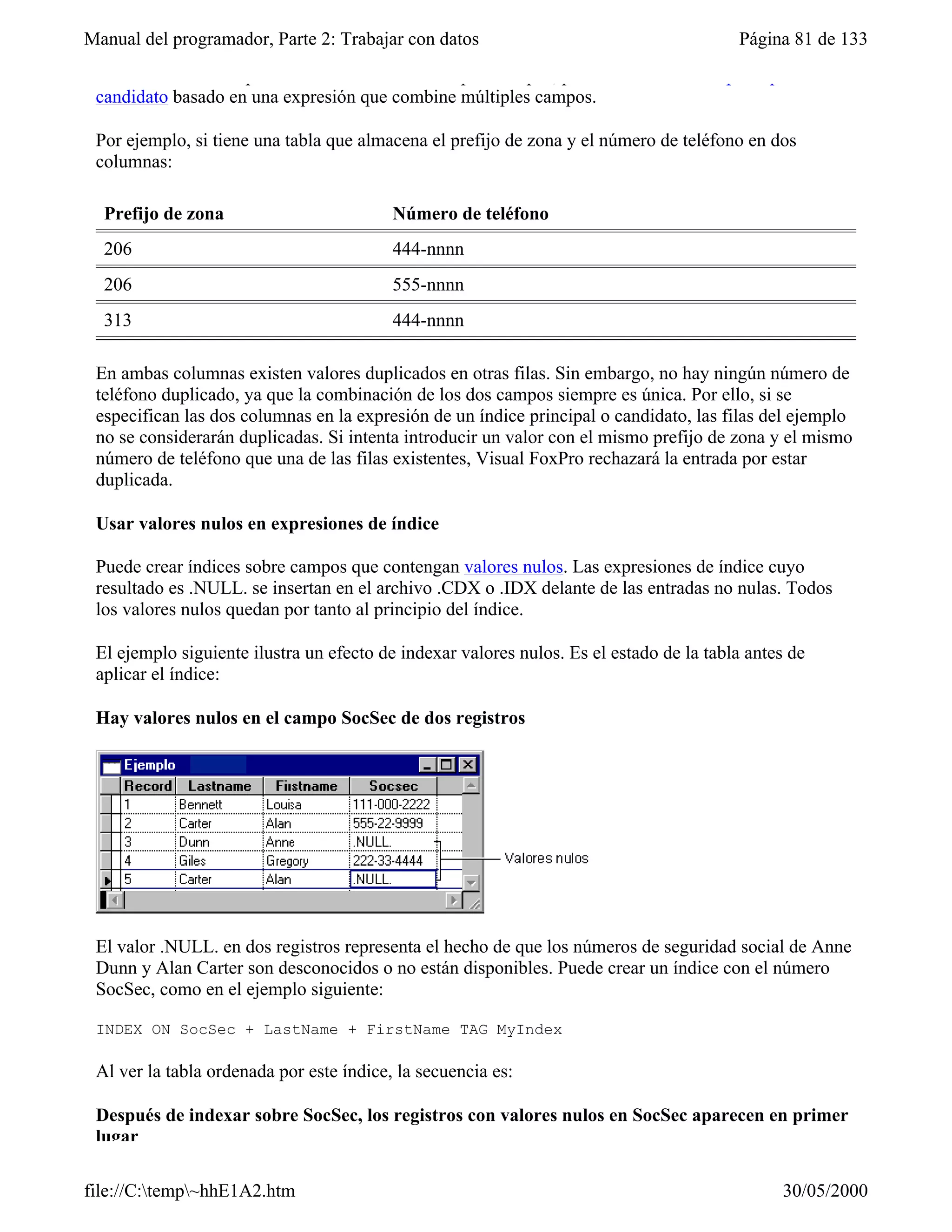 Manual del programador, Parte 2: Trabajar con datos                                      Página 81 de 133
 Si desea evitar la duplicación de valores en múltiples campos, puede crear un índice principal o
 candidato basado en una expresión que combine múltiples campos.

 Por ejemplo, si tiene una tabla que almacena el prefijo de zona y el número de teléfono en dos
 columnas:

  Prefijo de zona                         Número de teléfono
  206                                     444-nnnn
  206                                     555-nnnn
  313                                     444-nnnn

 En ambas columnas existen valores duplicados en otras filas. Sin embargo, no hay ningún número de
 teléfono duplicado, ya que la combinación de los dos campos siempre es única. Por ello, si se
 especifican las dos columnas en la expresión de un índice principal o candidato, las filas del ejemplo
 no se considerarán duplicadas. Si intenta introducir un valor con el mismo prefijo de zona y el mismo
 número de teléfono que una de las filas existentes, Visual FoxPro rechazará la entrada por estar
 duplicada.

 Usar valores nulos en expresiones de índice

 Puede crear índices sobre campos que contengan valores nulos. Las expresiones de índice cuyo
 resultado es .NULL. se insertan en el archivo .CDX o .IDX delante de las entradas no nulas. Todos
 los valores nulos quedan por tanto al principio del índice.

 El ejemplo siguiente ilustra un efecto de indexar valores nulos. Es el estado de la tabla antes de
 aplicar el índice:

 Hay valores nulos en el campo SocSec de dos registros




 El valor .NULL. en dos registros representa el hecho de que los números de seguridad social de Anne
 Dunn y Alan Carter son desconocidos o no están disponibles. Puede crear un índice con el número
 SocSec, como en el ejemplo siguiente:

 INDEX ON SocSec + LastName + FirstName TAG MyIndex

 Al ver la tabla ordenada por este índice, la secuencia es:

 Después de indexar sobre SocSec, los registros con valores nulos en SocSec aparecen en primer
 lugar

file://C:temp~hhE1A2.htm                                                                     30/05/2000
 