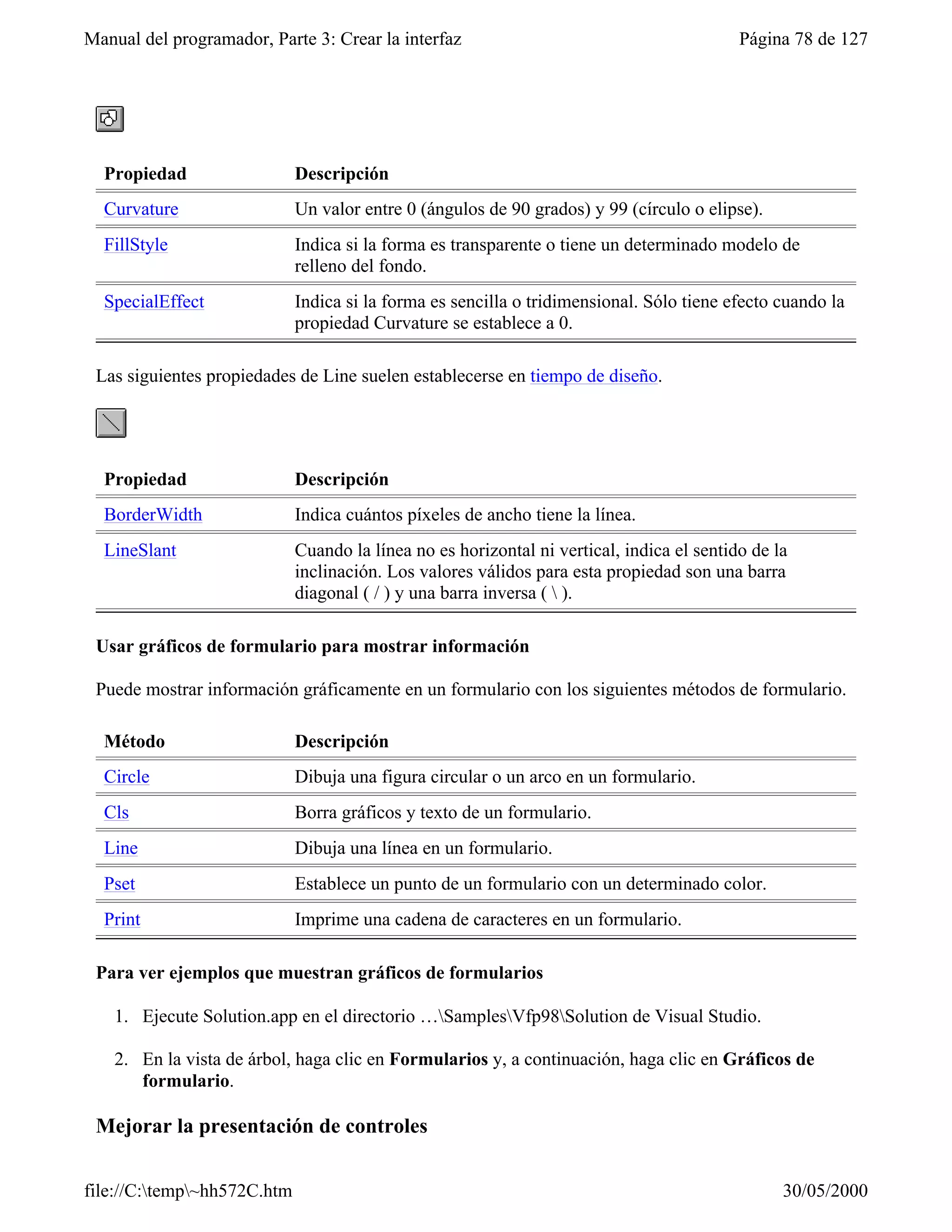 Manual del programador, Parte 3: Crear la interfaz                                         Página 78 de 127




  Propiedad                  Descripción
  Curvature                  Un valor entre 0 (ángulos de 90 grados) y 99 (círculo o elipse).
  FillStyle                  Indica si la forma es transparente o tiene un determinado modelo de
                             relleno del fondo.
  SpecialEffect              Indica si la forma es sencilla o tridimensional. Sólo tiene efecto cuando la
                             propiedad Curvature se establece a 0.

 Las siguientes propiedades de Line suelen establecerse en tiempo de diseño.




  Propiedad                  Descripción
  BorderWidth                Indica cuántos píxeles de ancho tiene la línea.
  LineSlant                  Cuando la línea no es horizontal ni vertical, indica el sentido de la
                             inclinación. Los valores válidos para esta propiedad son una barra
                             diagonal ( / ) y una barra inversa (  ).

 Usar gráficos de formulario para mostrar información

 Puede mostrar información gráficamente en un formulario con los siguientes métodos de formulario.

  Método                     Descripción
  Circle                     Dibuja una figura circular o un arco en un formulario.
  Cls                        Borra gráficos y texto de un formulario.
  Line                       Dibuja una línea en un formulario.
  Pset                       Establece un punto de un formulario con un determinado color.
  Print                      Imprime una cadena de caracteres en un formulario.

 Para ver ejemplos que muestran gráficos de formularios

    1. Ejecute Solution.app en el directorio …SamplesVfp98Solution de Visual Studio.

    2. En la vista de árbol, haga clic en Formularios y, a continuación, haga clic en Gráficos de
       formulario.

 Mejorar la presentación de controles


file://C:temp~hh572C.htm                                                                       30/05/2000
 