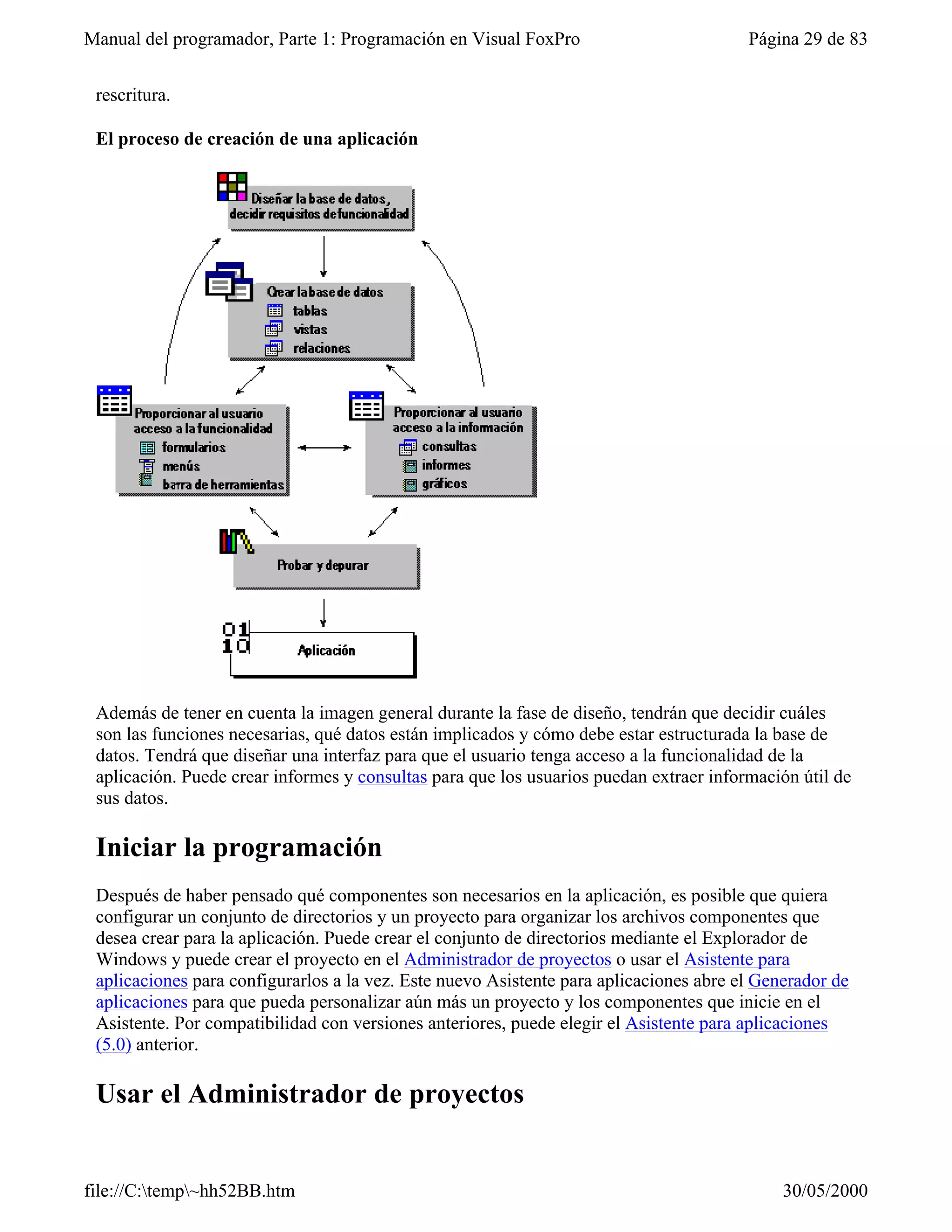 Manual del programador, Parte 1: Programación en Visual FoxPro                          Página 29 de 83


 rescritura.

 El proceso de creación de una aplicación




 Además de tener en cuenta la imagen general durante la fase de diseño, tendrán que decidir cuáles
 son las funciones necesarias, qué datos están implicados y cómo debe estar estructurada la base de
 datos. Tendrá que diseñar una interfaz para que el usuario tenga acceso a la funcionalidad de la
 aplicación. Puede crear informes y consultas para que los usuarios puedan extraer información útil de
 sus datos.

 Iniciar la programación
 Después de haber pensado qué componentes son necesarios en la aplicación, es posible que quiera
 configurar un conjunto de directorios y un proyecto para organizar los archivos componentes que
 desea crear para la aplicación. Puede crear el conjunto de directorios mediante el Explorador de
 Windows y puede crear el proyecto en el Administrador de proyectos o usar el Asistente para
 aplicaciones para configurarlos a la vez. Este nuevo Asistente para aplicaciones abre el Generador de
 aplicaciones para que pueda personalizar aún más un proyecto y los componentes que inicie en el
 Asistente. Por compatibilidad con versiones anteriores, puede elegir el Asistente para aplicaciones
 (5.0) anterior.

 Usar el Administrador de proyectos


file://C:temp~hh52BB.htm                                                                   30/05/2000
 