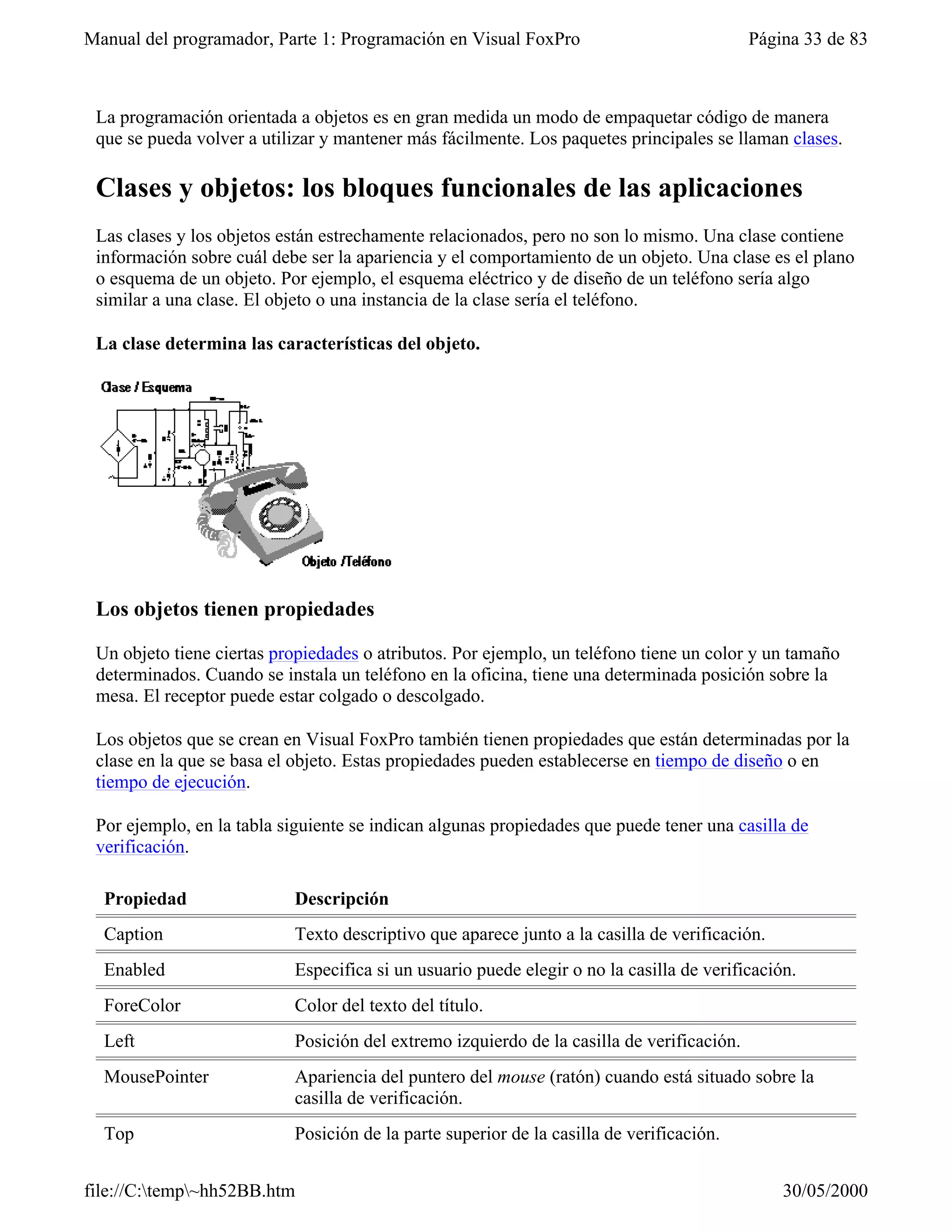 Manual del programador, Parte 1: Programación en Visual FoxPro                             Página 33 de 83



 La programación orientada a objetos es en gran medida un modo de empaquetar código de manera
 que se pueda volver a utilizar y mantener más fácilmente. Los paquetes principales se llaman clases.

 Clases y objetos: los bloques funcionales de las aplicaciones
 Las clases y los objetos están estrechamente relacionados, pero no son lo mismo. Una clase contiene
 información sobre cuál debe ser la apariencia y el comportamiento de un objeto. Una clase es el plano
 o esquema de un objeto. Por ejemplo, el esquema eléctrico y de diseño de un teléfono sería algo
 similar a una clase. El objeto o una instancia de la clase sería el teléfono.

 La clase determina las características del objeto.




 Los objetos tienen propiedades

 Un objeto tiene ciertas propiedades o atributos. Por ejemplo, un teléfono tiene un color y un tamaño
 determinados. Cuando se instala un teléfono en la oficina, tiene una determinada posición sobre la
 mesa. El receptor puede estar colgado o descolgado.

 Los objetos que se crean en Visual FoxPro también tienen propiedades que están determinadas por la
 clase en la que se basa el objeto. Estas propiedades pueden establecerse en tiempo de diseño o en
 tiempo de ejecución.

 Por ejemplo, en la tabla siguiente se indican algunas propiedades que puede tener una casilla de
 verificación.

  Propiedad                Descripción
  Caption                  Texto descriptivo que aparece junto a la casilla de verificación.
  Enabled                  Especifica si un usuario puede elegir o no la casilla de verificación.
  ForeColor                Color del texto del título.
  Left                     Posición del extremo izquierdo de la casilla de verificación.
  MousePointer             Apariencia del puntero del mouse (ratón) cuando está situado sobre la
                           casilla de verificación.
  Top                      Posición de la parte superior de la casilla de verificación.


file://C:temp~hh52BB.htm                                                                     30/05/2000
 
