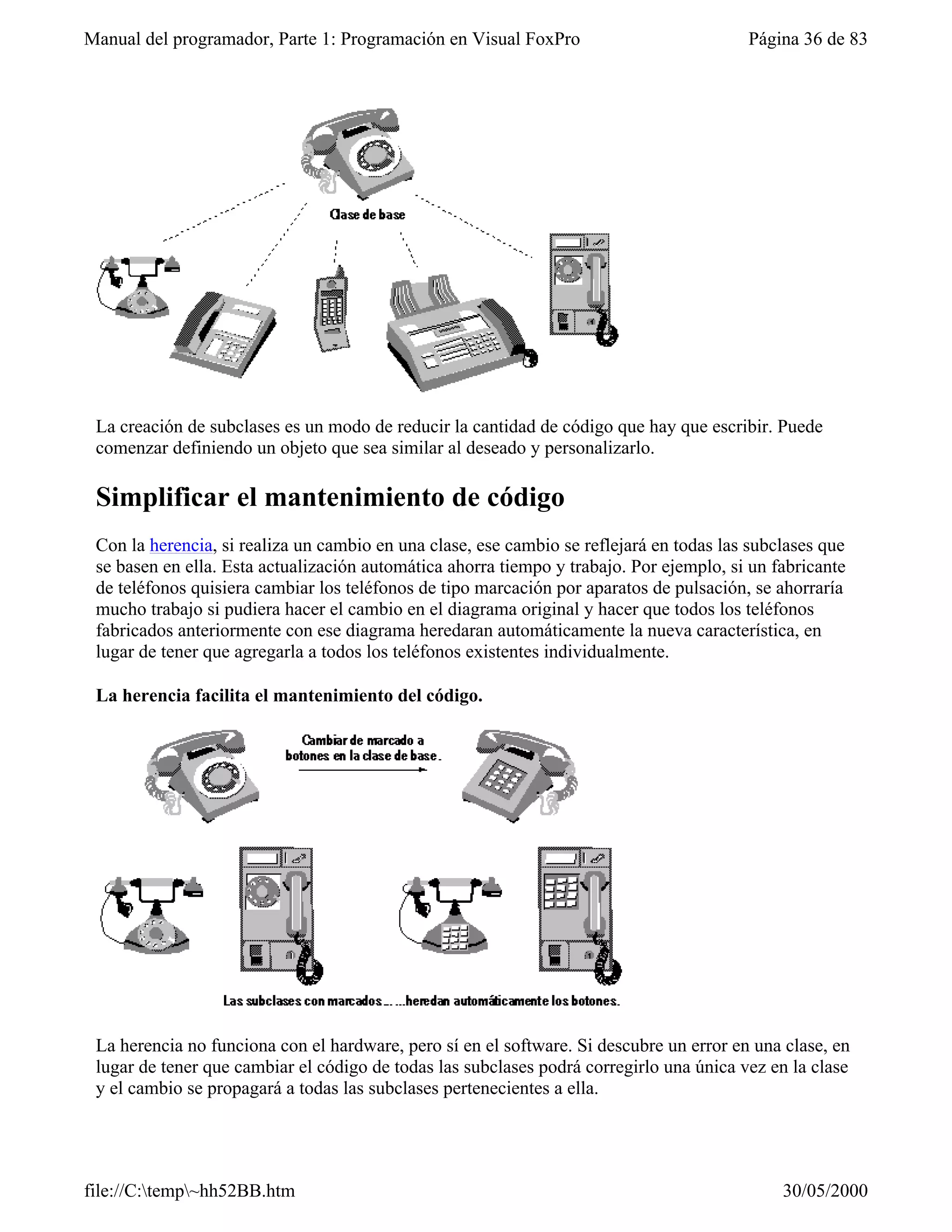 Manual del programador, Parte 1: Programación en Visual FoxPro                           Página 36 de 83




 La creación de subclases es un modo de reducir la cantidad de código que hay que escribir. Puede
 comenzar definiendo un objeto que sea similar al deseado y personalizarlo.

 Simplificar el mantenimiento de código
 Con la herencia, si realiza un cambio en una clase, ese cambio se reflejará en todas las subclases que
 se basen en ella. Esta actualización automática ahorra tiempo y trabajo. Por ejemplo, si un fabricante
 de teléfonos quisiera cambiar los teléfonos de tipo marcación por aparatos de pulsación, se ahorraría
 mucho trabajo si pudiera hacer el cambio en el diagrama original y hacer que todos los teléfonos
 fabricados anteriormente con ese diagrama heredaran automáticamente la nueva característica, en
 lugar de tener que agregarla a todos los teléfonos existentes individualmente.

 La herencia facilita el mantenimiento del código.




 La herencia no funciona con el hardware, pero sí en el software. Si descubre un error en una clase, en
 lugar de tener que cambiar el código de todas las subclases podrá corregirlo una única vez en la clase
 y el cambio se propagará a todas las subclases pertenecientes a ella.




file://C:temp~hh52BB.htm                                                                    30/05/2000
 