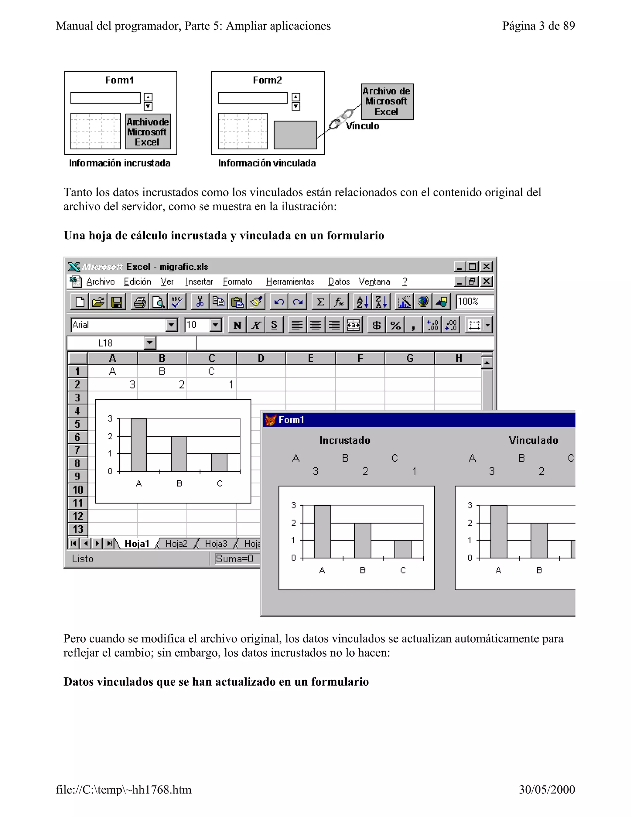 Manual del programador, Parte 5: Ampliar aplicaciones                                    Página 3 de 89




 Tanto los datos incrustados como los vinculados están relacionados con el contenido original del
 archivo del servidor, como se muestra en la ilustración:

 Una hoja de cálculo incrustada y vinculada en un formulario




 Pero cuando se modifica el archivo original, los datos vinculados se actualizan automáticamente para
 reflejar el cambio; sin embargo, los datos incrustados no lo hacen:

 Datos vinculados que se han actualizado en un formulario




file://C:temp~hh1768.htm                                                                  30/05/2000
 