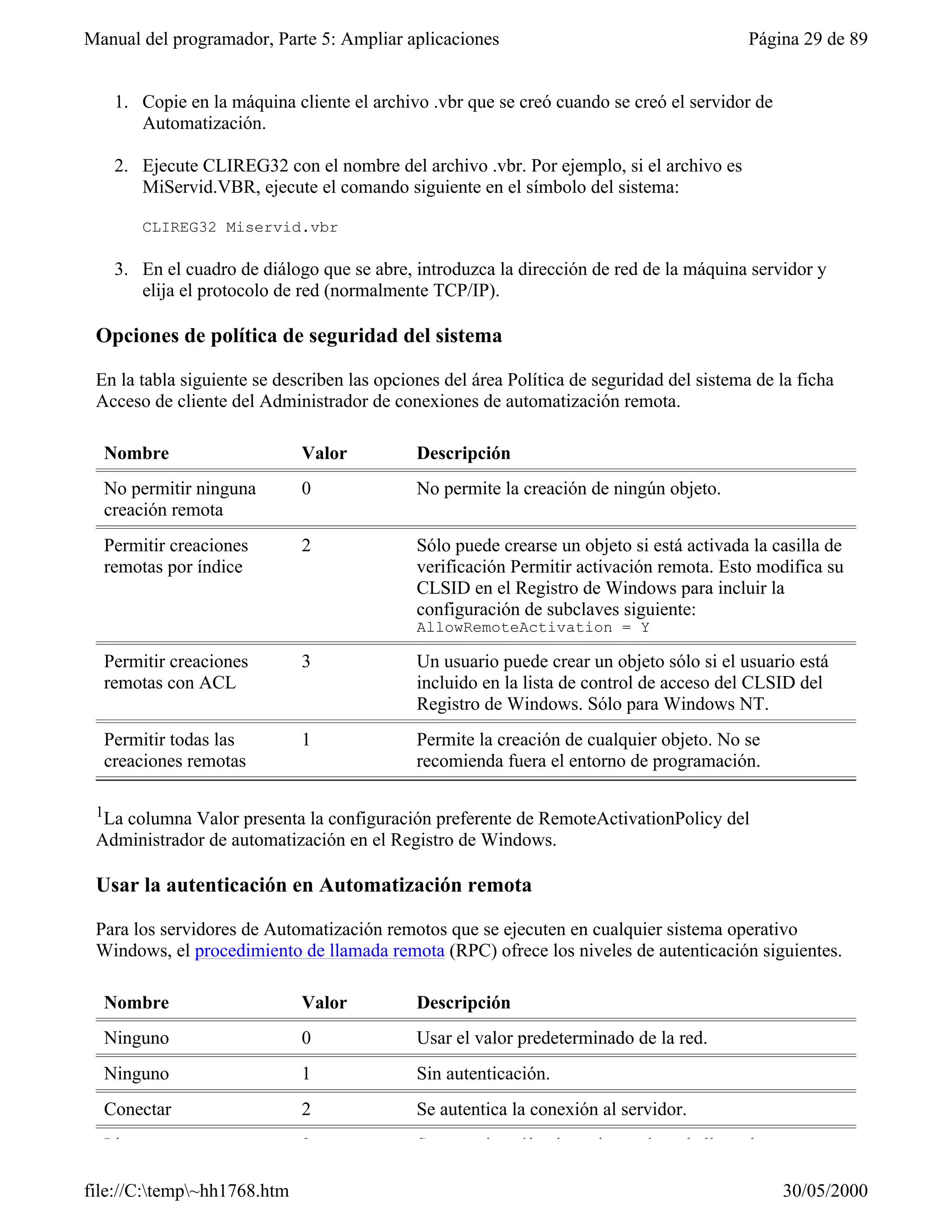 Manual del programador, Parte 5: Ampliar aplicaciones                                      Página 29 de 89


   1. Copie en la máquina cliente el archivo .vbr que se creó cuando se creó el servidor de
      Automatización.

   2. Ejecute CLIREG32 con el nombre del archivo .vbr. Por ejemplo, si el archivo es
      MiServid.VBR, ejecute el comando siguiente en el símbolo del sistema:

       CLIREG32 Miservid.vbr

   3. En el cuadro de diálogo que se abre, introduzca la dirección de red de la máquina servidor y
      elija el protocolo de red (normalmente TCP/IP).

 Opciones de política de seguridad del sistema

 En la tabla siguiente se describen las opciones del área Política de seguridad del sistema de la ficha
 Acceso de cliente del Administrador de conexiones de automatización remota.

  Nombre                     Valor           Descripción
  No permitir ninguna        0               No permite la creación de ningún objeto.
  creación remota
  Permitir creaciones        2               Sólo puede crearse un objeto si está activada la casilla de
  remotas por índice                         verificación Permitir activación remota. Esto modifica su
                                             CLSID en el Registro de Windows para incluir la
                                             configuración de subclaves siguiente:
                                             AllowRemoteActivation = Y

  Permitir creaciones        3               Un usuario puede crear un objeto sólo si el usuario está
  remotas con ACL                            incluido en la lista de control de acceso del CLSID del
                                             Registro de Windows. Sólo para Windows NT.
  Permitir todas las         1               Permite la creación de cualquier objeto. No se
  creaciones remotas                         recomienda fuera el entorno de programación.

 1La columna Valor presenta la configuración preferente de RemoteActivationPolicy del
 Administrador de automatización en el Registro de Windows.

 Usar la autenticación en Automatización remota

 Para los servidores de Automatización remotos que se ejecuten en cualquier sistema operativo
 Windows, el procedimiento de llamada remota (RPC) ofrece los niveles de autenticación siguientes.

  Nombre                     Valor           Descripción
  Ninguno                    0               Usar el valor predeterminado de la red.
  Ninguno                    1               Sin autenticación.
  Conectar                   2               Se autentica la conexión al servidor.
  Llamar                     3               Se autentica sólo al comienzo de cada llamada a

file://C:temp~hh1768.htm                                                                     30/05/2000
 