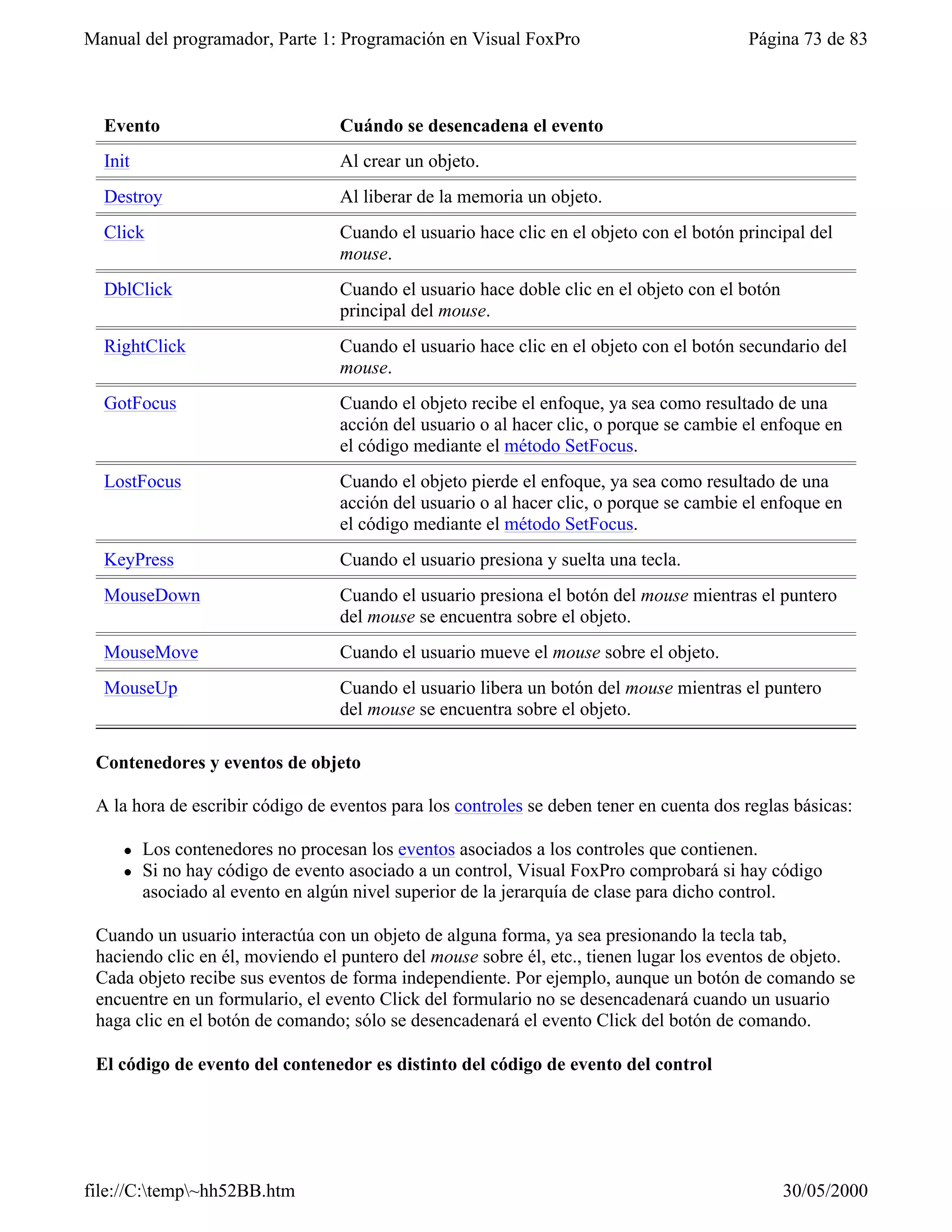 Manual del programador, Parte 1: Programación en Visual FoxPro                           Página 73 de 83



  Evento                          Cuándo se desencadena el evento
  Init                            Al crear un objeto.
  Destroy                         Al liberar de la memoria un objeto.
  Click                           Cuando el usuario hace clic en el objeto con el botón principal del
                                  mouse.
  DblClick                        Cuando el usuario hace doble clic en el objeto con el botón
                                  principal del mouse.
  RightClick                      Cuando el usuario hace clic en el objeto con el botón secundario del
                                  mouse.
  GotFocus                        Cuando el objeto recibe el enfoque, ya sea como resultado de una
                                  acción del usuario o al hacer clic, o porque se cambie el enfoque en
                                  el código mediante el método SetFocus.
  LostFocus                       Cuando el objeto pierde el enfoque, ya sea como resultado de una
                                  acción del usuario o al hacer clic, o porque se cambie el enfoque en
                                  el código mediante el método SetFocus.
  KeyPress                        Cuando el usuario presiona y suelta una tecla.
  MouseDown                       Cuando el usuario presiona el botón del mouse mientras el puntero
                                  del mouse se encuentra sobre el objeto.
  MouseMove                       Cuando el usuario mueve el mouse sobre el objeto.
  MouseUp                         Cuando el usuario libera un botón del mouse mientras el puntero
                                  del mouse se encuentra sobre el objeto.

 Contenedores y eventos de objeto

 A la hora de escribir código de eventos para los controles se deben tener en cuenta dos reglas básicas:

     l   Los contenedores no procesan los eventos asociados a los controles que contienen.
     l   Si no hay código de evento asociado a un control, Visual FoxPro comprobará si hay código
         asociado al evento en algún nivel superior de la jerarquía de clase para dicho control.

 Cuando un usuario interactúa con un objeto de alguna forma, ya sea presionando la tecla tab,
 haciendo clic en él, moviendo el puntero del mouse sobre él, etc., tienen lugar los eventos de objeto.
 Cada objeto recibe sus eventos de forma independiente. Por ejemplo, aunque un botón de comando se
 encuentre en un formulario, el evento Click del formulario no se desencadenará cuando un usuario
 haga clic en el botón de comando; sólo se desencadenará el evento Click del botón de comando.

 El código de evento del contenedor es distinto del código de evento del control




file://C:temp~hh52BB.htm                                                                      30/05/2000
 