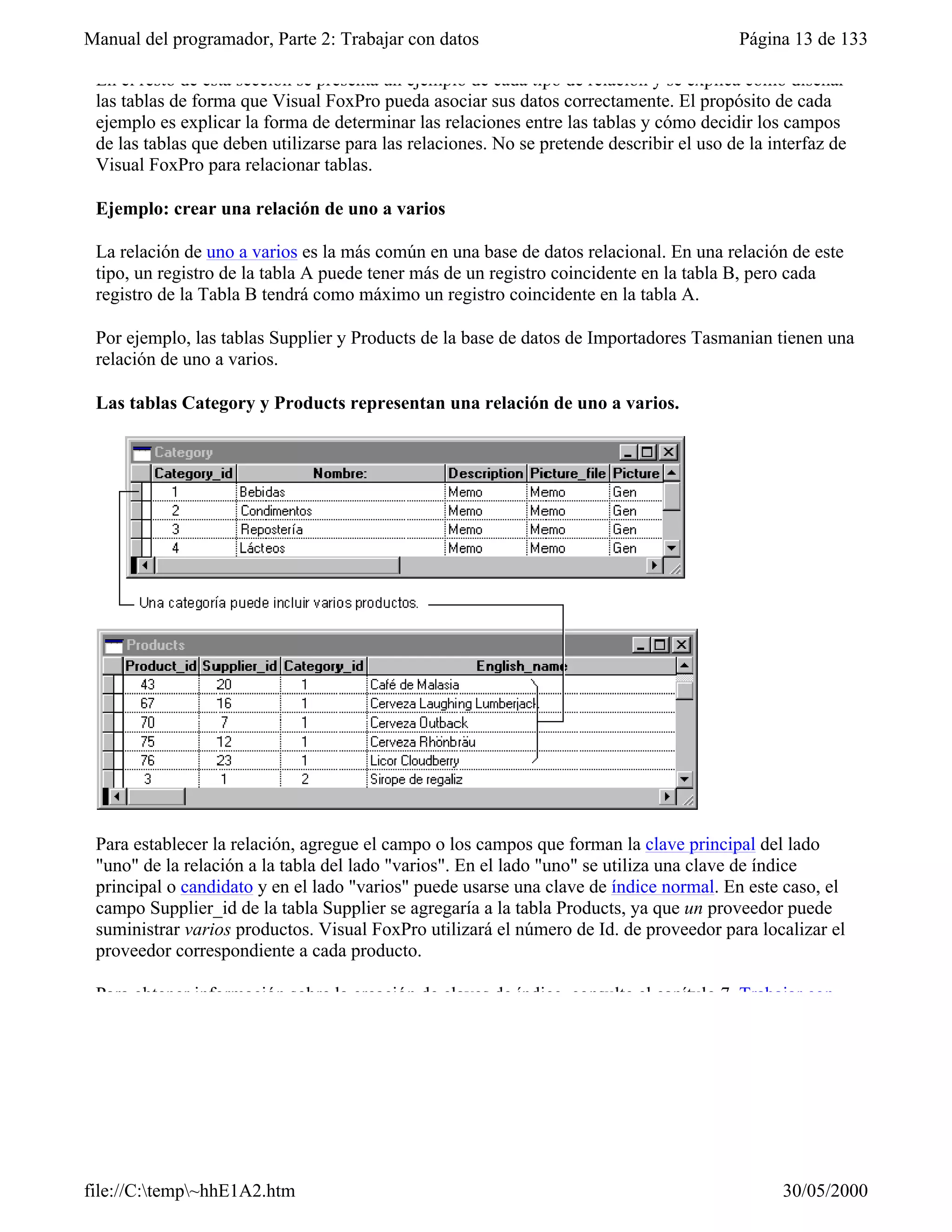 Manual del programador, Parte 2: Trabajar con datos                                        Página 13 de 133

 En el resto de esta sección se presenta un ejemplo de cada tipo de relación y se explica cómo diseñar
 las tablas de forma que Visual FoxPro pueda asociar sus datos correctamente. El propósito de cada
 ejemplo es explicar la forma de determinar las relaciones entre las tablas y cómo decidir los campos
 de las tablas que deben utilizarse para las relaciones. No se pretende describir el uso de la interfaz de
 Visual FoxPro para relacionar tablas.

 Ejemplo: crear una relación de uno a varios

 La relación de uno a varios es la más común en una base de datos relacional. En una relación de este
 tipo, un registro de la tabla A puede tener más de un registro coincidente en la tabla B, pero cada
 registro de la Tabla B tendrá como máximo un registro coincidente en la tabla A.

 Por ejemplo, las tablas Supplier y Products de la base de datos de Importadores Tasmanian tienen una
 relación de uno a varios.

 Las tablas Category y Products representan una relación de uno a varios.




 Para establecer la relación, agregue el campo o los campos que forman la clave principal del lado
 "uno" de la relación a la tabla del lado "varios". En el lado "uno" se utiliza una clave de índice
 principal o candidato y en el lado "varios" puede usarse una clave de índice normal. En este caso, el
 campo Supplier_id de la tabla Supplier se agregaría a la tabla Products, ya que un proveedor puede
 suministrar varios productos. Visual FoxPro utilizará el número de Id. de proveedor para localizar el
 proveedor correspondiente a cada producto.

 Para obtener información sobre la creación de claves de índice, consulte el capítulo 7, Trabajar con




file://C:temp~hhE1A2.htm                                                                       30/05/2000
 