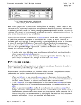 Manual del programador, Parte 2: Trabajar con datos Página 17 de 133
file://C:temp~hhE1A2.htm 30/05/2000
Sería posible agregar todos los campos de la tabla Jugadores de ping-pong a la tabla Employee. Sin
embargo, la tabla Jugadores de ping-pong se utiliza para un acontecimiento puntual y la información
dejará de ser necesaria cuando éste termine. Además, no todos los empleados juegan al Ping-pong, de
modo que si los campos se incorporasen a la tabla Employee, estarían vacíos en muchos registros. Por
estas razones tiene sentido crear una tabla distinta.
Cuando detecte la necesidad de una relación de uno a uno en una base de datos, considere primero si
es conveniente agrupar la información en una sola tabla. Por ejemplo, en la tabla Employee, un
empleado puede tener su propio director, que también es un empleado. Puede agregar un campo para
el número de identificación del director. Para reunir la información más tarde, puede usar una
autocombinación en la consulta o vista. No necesita una tabla independiente para resolver la relación
uno a uno. Si no quiere hacerlo por alguna razón, a continuación se muestra cómo configurar la
relación uno a uno entre las dos tablas:
l Si las dos tablas tratan del mismo tema, probablemente podrá definir la relación utilizando el
mismo campo de clave principal en ambas.
l Si las dos tablas tratan de temas distintos y tienen claves principales diferentes, elija una de
ellas e incluya su campo de clave principal en la otra como clave externa.
Perfeccionar el diseño
Cuando ya se tienen las tablas, los campos y las relaciones necesarios, es el momento de estudiar el
diseño y detectar los posibles fallos que puedan quedar.
Puede encontrar varios fallos mientras está diseñando su base de datos. Estos problemas comunes
pueden hacer que sus datos sean más difíciles de usar que de mantener:
l ¿Tiene una tabla con un gran número de campos que no relaciona con el mismo asunto? Por
ejemplo, una tabla puede contener campos que pertenecen a sus clientes así como información
de ventas. Intente asegurarse de que cada tabla contiene datos sobre un solo tema.
l ¿Tiene campos que se dejan intencionadamente en blanco en muchos registros porque no son
aplicables a dichos registros? Esto generalmente significa que los campos pertenecen a otra
tabla.
l ¿Tiene un gran número de tablas, muchas de las cuales contienen los mismos campos? Por
ejemplo, tiene tablas distintas para las ventas de enero y las de febrero, o para clientes locales y
clientes remotos, en las que almacena el mismo tipo de información. Intente consolidar toda la
información perteneciente a un solo asunto en una sola tabla. Es posible que tenga que agregar
un campo adicional, por ejemplo, para identificar la fecha de venta.
100 of 804
 