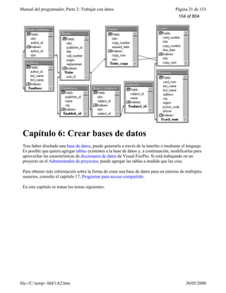 Manual del programador, Parte 2: Trabajar con datos Página 21 de 133
file://C:temp~hhE1A2.htm 30/05/2000
Capítulo 6: Crear bases de datos
Tras haber diseñado una base de datos, puede generarla a través de la interfaz o mediante el lenguaje.
Es posible que quiera agregar tablas existentes a la base de datos y, a continuación, modificarlas para
aprovechar las características de diccionario de datos de Visual FoxPro. Si está trabajando en un
proyecto en el Administrador de proyectos, puede agregar las tablas a medida que las crea.
Para obtener más información sobre la forma de crear una base de datos para un entorno de múltiples
usuarios, consulte el capítulo 17, Programar para acceso compartido.
En este capítulo se tratan los temas siguientes:
104 of 804
 