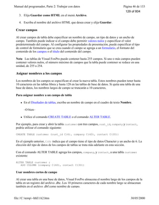 Manual del programador, Parte 2: Trabajar con datos Página 46 de 133
file://C:temp~hhE1A2.htm 30/05/2000
3. Elija Guardar como HTML en el menú Archivo.
4. Escriba el nombre del archivo HTML que desea crear y elija Guardar.
Crear campos
Al crear campos de tabla debe especificar un nombre de campo, un tipo de datos y un ancho de
campo. También puede indicar si el campo debe permitir valores nulos y especificar el valor
predeterminado del campo. Al configurar las propiedades de presentación, puede especificar el tipo
de control de formulario que se crea cuando el campo se agrega a un formulario, el formato del
contenido de los campos o el título del contenido del campo.
Nota Las tablas de Visual FoxPro puede contener hasta 255 campos. Si uno o más campos pueden
contener valores nulos, el número máximo de campos que la tabla puede contener se reduce en una
unidad, de 255 a 254.
Asignar nombres a los campos
Los nombres de los campos se especifican al crear la nueva tabla. Estos nombres pueden tener hasta
10 caracteres en las tablas libres y hasta 128 en las tablas de base de datos. Si quita una tabla de una
base de datos, los nombres largos de campo se truncarán a 10 caracteres.
Para asignar nombre a un campo de tabla
l En el Diseñador de tablas, escriba un nombre de campo en el cuadro de texto Nombre.
–O bien–
l Utilice el comando CREATE TABLE o el comando ALTER TABLE.
Por ejemplo, para crear y abrir la tabla customer con tres campos, cust_id, company y contact,
podría utilizar el comando siguiente:
CREATE TABLE customer (cust_id C(6), company C(40), contact C(30))
En el ejemplo anterior, C(6) indica que el campo tiene el tipo de datos Character y un ancho de 6. La
elección del tipo de datos de los campos de tablas se trata más adelante en esta sección.
Con el comando ALTER TABLE agrega los campos, company, y contact, a una tabla customer
existente:
ALTER TABLE customer ;
ADD COLUMN (company C(40), contact C(30))
Usar nombres cortos de campo
Al crear una tabla en una base de datos, Visual FoxPro almacena el nombre largo de los campos de la
tabla en un registro del archivo .dbc. Los 10 primeros caracteres de cada nombre largo se almacenan
también en el archivo .dbf como nombre de campo.
129 of 804
 