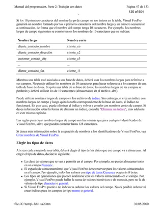 Manual del programador, Parte 2: Trabajar con datos Página 47 de 133
file://C:temp~hhE1A2.htm 30/05/2000
también en el archivo .dbf como nombre de campo.
Si los 10 primeros caracteres del nombre largo de campo no son únicos en la tabla, Visual FoxPro
generará un nombre formado por los n primeros caracteres del nombre largo y un número secuencial
a continuación, de forma que el nombre del campo tenga 10 caracteres. Por ejemplo, los nombres
largos de campo siguientes se convierten en los nombres de 10 caracteres que se indican:
Nombre largo Nombre corto
cliente_contacto_nombre cliente_co
cliente_contacto_dirección cliente_c2
customer_contact_city cliente_c3
... ...
cliente_contacto_fax cliente_11
Mientras una tabla esté asociada a una base de datos, deberá usar los nombres largos para referirse a
sus campos. No puede utilizar los nombres de 10 caracteres para hacer referencia a los campos de una
tabla de base de datos. Si quita una tabla de su base de datos, los nombres largos de los campos se
perderán y deberá utilizar los de 10 caracteres (almacenados en el archivo .dbf).
Puede utilizar nombres largos de campo en los archivos de índice. Sin embargo, si crea un índice con
nombres largos de campo y luego quita la tabla correspondiente de la base de datos, el índice no
funcionará. En este caso, puede eliminar el índice y volver a crearlo con nombres cortos de campo. Si
desea información sobre la forma de eliminar un índice, consulte "Eliminar un índice", más adelante
en este mismo capítulo.
Las reglas para crear nombres largos de campo son las mismas que para cualquier identificador de
Visual FoxPro, salvo que pueden contener hasta 128 caracteres.
Si desea más información sobre la asignación de nombres a los identificadores de Visual FoxPro, vea
Crear nombres de Visual FoxPro.
Elegir los tipos de datos
Al crear cada campo de una tabla, deberá elegir el tipo de los datos que ese campo va a almacenar. Al
elegir el tipo de datos, decide lo siguiente:
l La clase de valores que se van a permitir en el campo. Por ejemplo, no puede almacenar texto
en un campo Numeric.
l El espacio de almacenamiento que Visual FoxPro debe reservar para los valores almacenados
en el campo. Por ejemplo, todos los valores con tipo de datos Currency ocuparán 8 bytes.
l Los tipos de operaciones que pueden realizarse con los valores almacenados en el campo. Por
ejemplo, Visual FoxPro puede hallar la suma de valores numéricos o de moneda, pero no la de
valores de tipo character o general.
l Si Visual FoxPro puede o no indexar u ordenar los valores del campo. No es posible ordenar ni
crear índices para los campos de tipo memo o general.
Sugerencia Para los números de teléfono, números de pieza y otros números que no vaya a
130 of 804
 