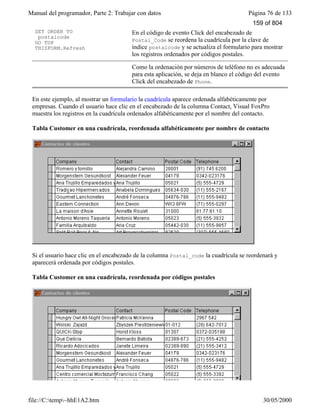 Manual del programador, Parte 2: Trabajar con datos Página 76 de 133
file://C:temp~hhE1A2.htm 30/05/2000
SET ORDER TO
postalcode
GO TOP
THISFORM.Refresh
En el código de evento Click del encabezado de
Postal_Code se reordena la cuadrícula por la clave de
índice postalcode y se actualiza el formulario para mostrar
los registros ordenados por códigos postales.
Como la ordenación por números de teléfono no es adecuada
para esta aplicación, se deja en blanco el código del evento
Click del encabezado de Phone.
En este ejemplo, al mostrar un formulario la cuadrícula aparece ordenada alfabéticamente por
empresas. Cuando el usuario hace clic en el encabezado de la columna Contact, Visual FoxPro
muestra los registros en la cuadrícula ordenados alfabéticamente por el nombre del contacto.
Tabla Customer en una cuadrícula, reordenada alfabéticamente por nombre de contacto
Si el usuario hace clic en el encabezado de la columna Postal_code la cuadrícula se reordenará y
aparecerá ordenada por códigos postales.
Tabla Customer en una cuadrícula, reordenada por códigos postales
159 of 804
 