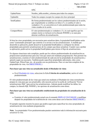 Manual del programador, Parte 2: Trabajar con datos Página 115 de 133
file://C:temp~hhE1A2.htm 30/05/2000
KeyField Campos clave de la base de datos y claves principales y remotas de la
tabla.
UpdateName Nombre_tabla.nombre_columna para todos los campos.
Updatable Todos los campos excepto los campos de clave principal.
SendUpdates De forma predeterminada son los valores predeterminados de la sesión,
que originalmente se establece en falso (.F.); si cambia el valor a
verdadero (.T.), se convertirá en el valor predeterminado para todas las
vistas creadas en la sesión.
CompareMemo El valor predeterminado es verdadero (.T.), lo cual significa que los
campos memo se incluyen en la cláusula WHERE y se usan para
detectar conflictos de actualización.
Si bien las cinco propiedades son necesarias para actualizar datos, la propiedad SendUpdates actúa
como "conmutador principal" que controla si se envían o no las actualizaciones. A medida que
desarrolla su aplicación, puede desactivar la propiedad SendUpdates y configurar las demás
propiedades para permitir actualizaciones de los campos que desee actualizar. Cuando vaya a probar
su aplicación, podrá activar la propiedad SendUpdates para iniciar el flujo de actualizaciones.
En algunas situaciones más complejas, puede que los valores predeterminados de actualización no
proporcionen actualizaciones para una vista que usted creó mediante programación. Para permitir las
actualizaciones, examine el valor predeterminado de cada una de las propiedades de actualización y
ajústelo según sea necesario. También puede especificar propiedades adicionales, tales como
UpdateType, WhereType, etc., de acuerdo con sus preferencias. Para ver una lista completa de las
propiedades de vista, vea DBGETPROP( ).
Para hacer que una vista sea actualizable desde el Diseñador de vistas
l En el Diseñador de vistas, seleccione la ficha Criterios de actualización y active el valor
predeterminado.
El valor predeterminado de las vistas que usted crea mediante el Diseñador de vistas normalmente
prepara la vista para que sea actualizable; sólo necesita activar la casilla de verificación "Enviar
actualizaciones SQL" para activar las actualizaciones. Además puede modificar las tablas, los
campos, la cláusula SQL WHERE y las opciones de actualización como desee.
Para hacer que una vista sea actualizable estableciendo las propiedades de actualización de la
vista
l Examine el valor predeterminado actual con el comando DISPLAY DATABASE y modifique
después las propiedades de la definición de vista como desee con la función DBSETPROP( ).
El ejemplo siguiente muestra los pasos que podría seguir para especificar las cinco propiedades de
actualización de vista mediante programación:
Nota Las propiedades View predeterminadas pueden suministrar toda la información necesaria para
actualizar la vista.
198 of 804
 
