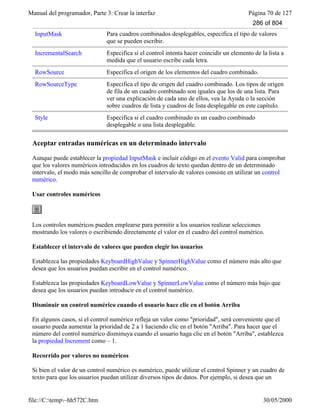 Manual del programador, Parte 3: Crear la interfaz Página 70 de 127
file://C:temp~hh572C.htm 30/05/2000
InputMask Para cuadros combinados desplegables, especifica el tipo de valores
que se pueden escribir.
IncrementalSearch Especifica si el control intenta hacer coincidir un elemento de la lista a
medida que el usuario escribe cada letra.
RowSource Especifica el origen de los elementos del cuadro combinado.
RowSourceType Especifica el tipo de origen del cuadro combinado. Los tipos de origen
de fila de un cuadro combinado son iguales que los de una lista. Para
ver una explicación de cada uno de ellos, vea la Ayuda o la sección
sobre cuadros de lista y cuadros de lista desplegable en este capítulo.
Style Especifica si el cuadro combinado es un cuadro combinado
desplegable o una lista desplegable.
Aceptar entradas numéricas en un determinado intervalo
Aunque puede establecer la propiedad InputMask e incluir código en el evento Valid para comprobar
que los valores numéricos introducidos en los cuadros de texto quedan dentro de un determinado
intervalo, el modo más sencillo de comprobar el intervalo de valores consiste en utilizar un control
numérico.
Usar controles numéricos
Los controles numéricos pueden emplearse para permitir a los usuarios realizar selecciones
mostrando los valores o escribiendo directamente el valor en el cuadro del control numérico.
Establecer el intervalo de valores que pueden elegir los usuarios
Establezca las propiedades KeyboardHighValue y SpinnerHighValue como el número más alto que
desea que los usuarios puedan escribir en el control numérico.
Establezca las propiedades KeyboardLowValue y SpinnerLowValue como el número más bajo que
desea que los usuarios puedan introducir en el control numérico.
Disminuir un control numérico cuando el usuario hace clic en el botón Arriba
En algunos casos, si el control numérico refleja un valor como "prioridad", será conveniente que el
usuario pueda aumentar la prioridad de 2 a 1 haciendo clic en el botón "Arriba". Para hacer que el
número del control numérico disminuya cuando el usuario haga clic en el botón "Arriba", establezca
la propiedad Increment como – 1.
Recorrido por valores no numéricos
Si bien el valor de un control numérico es numérico, puede utilizar el control Spinner y un cuadro de
texto para que los usuarios puedan utilizar diversos tipos de datos. Por ejemplo, si desea que un
286 of 804
 