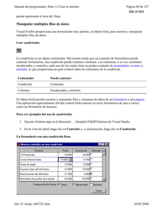Manual del programador, Parte 3: Crear la interfaz Página 80 de 127
file://C:temp~hh572C.htm 30/05/2000
pueda representar el área del .bmp.
Manipular múltiples filas de datos
Visual FoxPro proporciona una herramienta muy potente, el objeto Grid, para mostrar y manipular
múltiples filas de datos.
Usar cuadrículas
La cuadrícula es un objeto contenedor. Del mismo modo que un conjunto de formularios puede
contener formularios, una cuadrícula puede contener columnas. Las columnas, a su vez, contienen
encabezados y controles, cada uno de los cuales tiene su propio conjunto de propiedades, eventos y
métodos, lo que proporciona un gran control sobre los elementos de la cuadrícula.
Contenedor Puede contener
Cuadrícula Columnas
Columna Encabezados, controles
El objeto Grid permite mostrar y manipular filas y columnas de datos de un formulario o una página.
Una aplicación especialmente útil del control Grid consiste en crear formularios de uno a varios,
como un formulario de facturas.
Para ver ejemplos del uso de cuadrículas
1. Ejecute Solution.app en el directorio …SamplesVfp98Solution de Visual Studio.
2. En la vista de árbol, haga clic en Controles y, a continuación, haga clic en Cuadrícula.
Un formulario con una cuadrícula llena
296 of 804
 