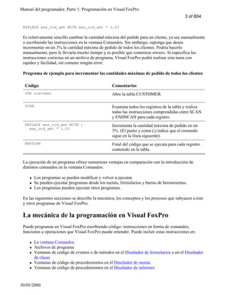 Manual del programador, Parte 1: Programación en Visual FoxPro
30/05/2000
REPLACE max_ord_amt WITH max_ord_amt * 1,03
Es relativamente sencillo cambiar la cantidad máxima del pedido para un cliente, ya sea manualmente
o escribiendo las instrucciones en la ventana Comandos. Sin embargo, suponga que desea
incrementar en un 3% la cantidad máxima de pedido de todos los clientes. Podría hacerlo
manualmente, pero le llevaría mucho tiempo y es posible que cometiese errores. Si especifica las
instrucciones correctas en un archivo de programa, Visual FoxPro podrá realizar esta tarea con
rapidez y facilidad, sin cometer ningún error.
Programa de ejemplo para incrementar las cantidades máximas de pedido de todos los clientes
Código Comentarios
USE customer Abre la tabla CUSTOMER.
SCAN Examina todos los registros de la tabla y realiza
todas las instrucciones comprendidas entre SCAN
y ENDSCAN para cada registro.
REPLACE max_ord_amt WITH ;
max_ord_amt * 1.03
Incrementa la cantidad máxima de pedido en un
3%. (El punto y coma (;) indica que el comando
sigue en la línea siguiente).
ENDSCAN Final del código que se ejecuta para cada registro
contenido en la tabla.
La ejecución de un programa ofrece numerosas ventajas en comparación con la introducción de
distintos comandos en la ventana Comandos:
l Los programas se pueden modificar y volver a ejecutar.
l Se pueden ejecutar programas desde los menús, formularios y barras de herramientas.
l Los programas pueden ejecutar otros programas.
En las siguientes secciones se describe la mecánica, los conceptos y los procesos que subyacen a éste
y otros programas de Visual FoxPro.
La mecánica de la programación en Visual FoxPro
Puede programar en Visual FoxPro escribiendo código: instrucciones en forma de comandos,
funciones u operaciones que Visual FoxPro puede entender. Puede incluir estas instrucciones en:
l La ventana Comandos.
l Archivos de programa
l Ventanas de código de eventos o de métodos en el Diseñador de formularios o en el Diseñador
de clases
l Ventanas de código de procedimientos en el Diseñador de menús
l Ventanas de código de procedimientos en el Diseñador de informes
3 of 804
 
