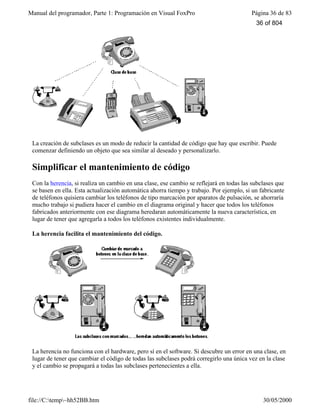 Manual del programador, Parte 1: Programación en Visual FoxPro Página 36 de 83
file://C:temp~hh52BB.htm 30/05/2000
La creación de subclases es un modo de reducir la cantidad de código que hay que escribir. Puede
comenzar definiendo un objeto que sea similar al deseado y personalizarlo.
Simplificar el mantenimiento de código
Con la herencia, si realiza un cambio en una clase, ese cambio se reflejará en todas las subclases que
se basen en ella. Esta actualización automática ahorra tiempo y trabajo. Por ejemplo, si un fabricante
de teléfonos quisiera cambiar los teléfonos de tipo marcación por aparatos de pulsación, se ahorraría
mucho trabajo si pudiera hacer el cambio en el diagrama original y hacer que todos los teléfonos
fabricados anteriormente con ese diagrama heredaran automáticamente la nueva característica, en
lugar de tener que agregarla a todos los teléfonos existentes individualmente.
La herencia facilita el mantenimiento del código.
La herencia no funciona con el hardware, pero sí en el software. Si descubre un error en una clase, en
lugar de tener que cambiar el código de todas las subclases podrá corregirlo una única vez en la clase
y el cambio se propagará a todas las subclases pertenecientes a ella.
36 of 804
 
