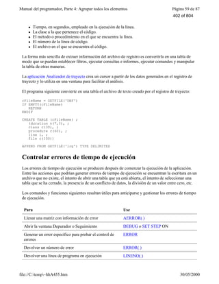 Manual del programador, Parte 4: Agrupar todos los elementos Página 59 de 87
file://C:temp~hhA455.htm 30/05/2000
l Tiempo, en segundos, empleado en la ejecución de la línea.
l La clase a la que pertenece el código.
l El método o procedimiento en el que se encuentra la línea.
l El número de la línea de código.
l El archivo en el que se encuentra el código.
La forma más sencilla de extraer información del archivo de registro es convertirla en una tabla de
modo que se puedan establecer filtros, ejecutar consultas e informes, ejecutar comandos y manipular
la tabla de otras maneras.
La aplicación Analizador de trayecto crea un cursor a partir de los datos generados en el registro de
trayecto y lo utiliza en una ventana para facilitar el análisis.
El programa siguiente convierte en una tabla el archivo de texto creado por el registro de trayecto:
cFileName = GETFILE('DBF')
IF EMPTY(cFileName)
RETURN
ENDIF
CREATE TABLE (cFileName) ;
(duration n(7,3), ;
class c(30), ;
procedure c(60), ;
line i, ;
file c(100))
APPEND FROM GETFILE('log') TYPE DELIMITED
Controlar errores de tiempo de ejecución
Los errores de tiempo de ejecución se producen después de comenzar la ejecución de la aplicación.
Entre las acciones que podrían generar errores de tiempo de ejecución se encuentran la escritura en un
archivo que no existe, el intento de abrir una tabla que ya está abierta, el intento de seleccionar una
tabla que se ha cerrado, la presencia de un conflicto de datos, la división de un valor entre cero, etc.
Los comandos y funciones siguientes resultan útiles para anticiparse y gestionar los errores de tiempo
de ejecución.
Para Use
Llenar una matriz con información de error AERROR( )
Abrir la ventana Depurador o Seguimiento DEBUG o SET STEP ON
Generar un error específico para probar el control de
errores
ERROR
Devolver un número de error ERROR( )
Devolver una línea de programa en ejecución LINENO( )
402 of 804
 