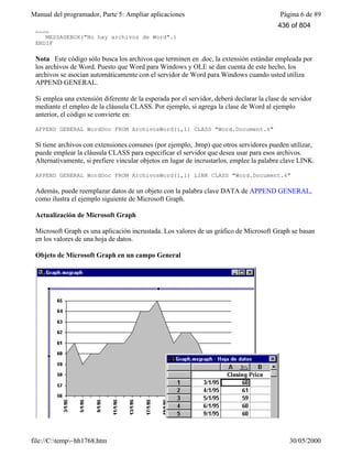 Manual del programador, Parte 5: Ampliar aplicaciones Página 6 de 89
file://C:temp~hh1768.htm 30/05/2000
ELSE
MESSAGEBOX("No hay archivos de Word".)
ENDIF
Nota Este código sólo busca los archivos que terminen en .doc, la extensión estándar empleada por
los archivos de Word. Puesto que Word para Windows y OLE se dan cuenta de este hecho, los
archivos se asocian automáticamente con el servidor de Word para Windows cuando usted utiliza
APPEND GENERAL.
Si emplea una extensión diferente de la esperada por el servidor, deberá declarar la clase de servidor
mediante el empleo de la cláusula CLASS. Por ejemplo, si agrega la clase de Word al ejemplo
anterior, el código se convierte en:
APPEND GENERAL WordDoc FROM ArchivosWord(i,1) CLASS "Word.Document.6"
Si tiene archivos con extensiones comunes (por ejemplo, .bmp) que otros servidores pueden utilizar,
puede emplear la cláusula CLASS para especificar el servidor que desea usar para esos archivos.
Alternativamente, si prefiere vincular objetos en lugar de incrustarlos, emplee la palabra clave LINK.
APPEND GENERAL WordDoc FROM ArchivosWord(i,1) LINK CLASS "Word.Document.6"
Además, puede reemplazar datos de un objeto con la palabra clave DATA de APPEND GENERAL,
como ilustra el ejemplo siguiente de Microsoft Graph.
Actualización de Microsoft Graph
Microsoft Graph es una aplicación incrustada. Los valores de un gráfico de Microsoft Graph se basan
en los valores de una hoja de datos.
Objeto de Microsoft Graph en un campo General
436 of 804
 