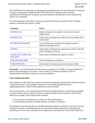 Manual del programador, Parte 5: Ampliar aplicaciones Página 37 de 89
file://C:temp~hh1768.htm 30/05/2000
Para desbloquear un registro que se ha bloqueado automáticamente, sólo necesitará mover el puntero
de registro, aunque haya establecido MULTILOCKS ON. No obstante, deberá eliminar
explícitamente el bloqueo de un registro que haya bloqueado manualmente; mover el puntero de
registro no es suficiente.
En la tabla siguiente se describen los efectos que producen diversos comandos sobre el bloqueo
manual y automático de registros y tablas.
Comando Efecto
UNLOCK ALL Libera los bloqueos de registro y archivo en el área de
trabajo actual.
UNLOCK ALL Libera todos los bloqueos de todas las áreas de trabajo de la
sesión actual.
SET MULTILOCKS OFF Activa la liberación automática del bloqueo actual al
asegurar un bloqueo nuevo.
FLOCK( ) Libera todos los bloqueos de registro de un archivo afectado
antes de bloquear el archivo.
CLEAR ALL, CLOSE ALL,
USE, QUIT
Libera todos los bloqueos de registro y archivo.
END TRANSACTION Libera los bloqueos automáticos.
TABLEUPDATE( ) Libera todos los bloqueos antes de actualizar la tabla.
Precaución Si se ha bloqueado automáticamente un registro en una FDU y el usuario desplaza el
puntero fuera del registro y lo vuelve a colocar sobre él, el bloqueo se liberará. Utilice el
almacenamiento de tablas en búfer para evitar este problema.
Usar sesiones de datos
Para asegurarse de que todos los usuarios de un entorno compartido disponen de un duplicado exacto
y seguro del entorno, y que múltiples instancias de un formulario pueden funcionar
independientemente, Visual FoxPro proporciona sesiones de datos.
Una sesión de datos es una representación del entorno de trabajo dinámico actual. Podría considerar
la sesión de datos como un entorno de datos en miniatura dentro de una sesión de Visual FoxPro
abierta en un equipo. Cada sesión de datos contiene:
l Una copia de los elementos en el entorno de datos del formulario
l Cursores que representan las tablas abiertas, sus índices y relaciones.
El concepto de una sesión de datos se entiende fácilmente cuando se considera lo que ocurre al abrir
el mismo formulario simultáneamente en dos estaciones de trabajo diferentes en una aplicación
multiusuario. En este caso, cada estación de trabajo ejecuta una sesión de Visual FoxPro diferente y,
por tanto, tiene su propio conjunto de áreas de trabajo: cursores que representan las tablas base
467 of 804
 