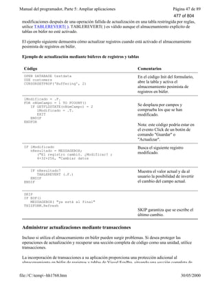 Manual del programador, Parte 5: Ampliar aplicaciones Página 47 de 89
file://C:temp~hh1768.htm 30/05/2000
modificaciones después de una operación fallida de actualización en una tabla restringida por reglas,
utilice TABLEREVERT( ). TABLEREVERT( ) es válido aunque el almacenamiento explícito de
tablas en búfer no esté activado.
El ejemplo siguiente demuestra cómo actualizar registros cuando está activado el almacenamiento
pesimista de registros en búfer.
Ejemplo de actualización mediante búferes de registros y tablas
Código Comentarios
OPEN DATABASE testdata
USE customers
CURSORSETPROP('Buffering', 2)
En el código Init del formulario,
abre la tabla y activa el
almacenamiento pesimista de
registros en búfer.
lModificado = .F.
FOR nNúmCampo = 1 TO FCOUNT()
IF GETFLDSTATE(nNúmCampo) = 2
lModificado = .T.
EXIT
ENDIF
ENDFOR
Se desplaza por campos y
comprueba los que se han
modificado.
Nota: este código podría estar en
el evento Click de un botón de
comando "Guardar" o
"Actualizar".
IF lModificado
nResultado = MESSAGEBOX;
("El registro cambió. ¿Modificar? ;
4+32+256, "Cambiar datos
Busca el siguiente registro
modificado.
IF nResultado7
TABLEREVERT (.F.)
ENDIF
ENDIF
Muestra el valor actual y da al
usuario la posibilidad de invertir
el cambio del campo actual.
SKIP
IF EOF()
MESSAGEBOX( "ya está al final"
THISFORM.Refresh
SKIP garantiza que se escribe el
último cambio.
Administrar actualizaciones mediante transacciones
Incluso si utiliza el almacenamiento en búfer pueden surgir problemas. Si desea proteger las
operaciones de actualización y recuperar una sección completa de código como una unidad, utilice
transacciones.
La incorporación de transacciones a su aplicación proporciona una protección adicional al
almacenamiento en búfer de registros y tablas de Visual FoxPro, situando una sección completa de
477 of 804
 