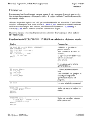 Manual del programador, Parte 5: Ampliar aplicaciones Página 60 de 89
file://C:temp~hh1768.htm 30/05/2000
Detectar errores
Diseñar una aplicación multiusuario o agregar soporte de red a un sistema de un solo usuario exige
interceptar colisiones y errores. El uso de los búferes de registro y tabla de Visual FoxPro simplifica
parte de este trabajo.
Si intenta bloquear un registro o una tabla que ya están bloqueados por otro usuario, Visual FoxPro
devolverá un mensaje de error. Puede utilizar SET REPROCESS para resolver automáticamente los
intentos fallidos de bloqueo. Este comando, en combinación con una rutina ON ERROR y el
comando RETRY permite continuar o cancelar los intentos de bloqueo.
El ejemplo siguiente demuestra el reprocesamiento automático de una operación fallida mediante
SET REPROCESS.
Ejemplo del uso de SET REPROCESS y ON ERROR para administrar colisiones de usuarios
Código Comentarios
ON ERROR DO rep_err ERROR(),MESSAGE()
SET EXCLUSIVE OFF
SET REPROCESS TO AUTOMATIC
USE customer
IF !FILE('copi_cli.dbf')
COPY TO cus_copy
ENDIF
Esta rutina se ejecuta si se
produce un error.
Abre los archivos de forma no
exclusiva.
El reprocesamiento de bloqueos
fallidos es automático.
Abre la tabla.
Si es necesario, crea la tabla
APPEND FROM.
DO anexar_blanco
DO reem_sig
DO reem_todo
DO reem_act
DO anexar_regs
La rutina principal comienza
aquí.
Estos comandos son ejemplos de
los códigos que podrían
ejecutarse en el curso del
programa.
ON ERROR La rutina principal termina aquí.
PROCEDURE anexar_blanco
APPEND BLANK
RETURN
ENDPROC
Rutina que anexa un registro en
blanco.
PROCEDURE reem_sig
REPLACE NEXT 1 contact WITH ;
PROPER(contact)
RETURN
ENDPROC
Rutina que reemplaza los datos
del registro actual.
490 of 804
 