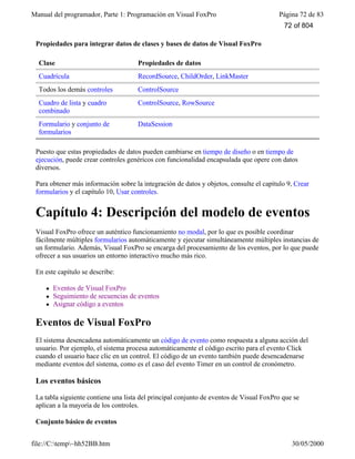 Manual del programador, Parte 1: Programación en Visual FoxPro Página 72 de 83
file://C:temp~hh52BB.htm 30/05/2000
Propiedades para integrar datos de clases y bases de datos de Visual FoxPro
Clase Propiedades de datos
Cuadrícula RecordSource, ChildOrder, LinkMaster
Todos los demás controles ControlSource
Cuadro de lista y cuadro
combinado
ControlSource, RowSource
Formulario y conjunto de
formularios
DataSession
Puesto que estas propiedades de datos pueden cambiarse en tiempo de diseño o en tiempo de
ejecución, puede crear controles genéricos con funcionalidad encapsulada que opere con datos
diversos.
Para obtener más información sobre la integración de datos y objetos, consulte el capítulo 9, Crear
formularios y el capítulo 10, Usar controles.
Capítulo 4: Descripción del modelo de eventos
Visual FoxPro ofrece un auténtico funcionamiento no modal, por lo que es posible coordinar
fácilmente múltiples formularios automáticamente y ejecutar simultáneamente múltiples instancias de
un formulario. Además, Visual FoxPro se encarga del procesamiento de los eventos, por lo que puede
ofrecer a sus usuarios un entorno interactivo mucho más rico.
En este capítulo se describe:
l Eventos de Visual FoxPro
l Seguimiento de secuencias de eventos
l Asignar código a eventos
Eventos de Visual FoxPro
El sistema desencadena automáticamente un código de evento como respuesta a alguna acción del
usuario. Por ejemplo, el sistema procesa automáticamente el código escrito para el evento Click
cuando el usuario hace clic en un control. El código de un evento también puede desencadenarse
mediante eventos del sistema, como es el caso del evento Timer en un control de cronómetro.
Los eventos básicos
La tabla siguiente contiene una lista del principal conjunto de eventos de Visual FoxPro que se
aplican a la mayoría de los controles.
Conjunto básico de eventos
72 of 804
 