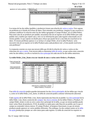 Manual del programador, Parte 2: Trabajar con datos Página 15 de 133
file://C:temp~hhE1A2.htm 30/05/2000
Los temas de las dos tablas (pedidos y productos) tienen una relación de varios a varios. Esto supone
un problema en el diseño de la base de datos. Para entender este problema, imagine lo que ocurriría si
intentase establecer la relación entre las dos tablas agregando el campo Product_id a la tabla Orders.
Para tener más de un producto por pedido, necesitaría más de un registro en la tabla Orders por cada
pedido real y tendría que repetir una y otra vez la información para cada registro relacionado con el
mismo pedido, lo que supone un diseño poco eficaz que puede llevar a una falta de exactitud en los
datos. El mismo problema aparece si se incluye el campo Order_id en la tabla Products: sería
necesario más de un registro en la tabla Products para cada producto real. ¿Cómo puede resolverse
este problema?
La respuesta consiste en crear una tercera tabla que divida la relación de varios a varios en dos
relaciones de uno a varios. Esta tercera tabla se denomina tabla de unión, ya que actúa como conexión
entre las dos tablas y en ella se incluirá la clave principal de cada una de las dos tablas anteriores.
La tabla Order_Line_Items crea un vínculo de uno a varios entre Orders y Products.
Una tabla de conexión podría guardar únicamente las dos claves principales de las tablas que vincula
o, como en la tabla Order_Line_Items, la tabla de conexión podría contener información adicional.
Cada registro de la tabla Order_Line_Items representa una línea de un pedido. La clave principal de la
tabla Order_Line_Items consta de dos campos: las claves externas de las tablas Orders y Products. El
campo Order_id por sí solo no sirve como clave principal de la tabla, ya que un mismo pedido puede
tener varias líneas de productos. El Id. de pedido se repite para cada línea de un pedido, por lo que el
campo no contendrá valores únicos. El campo Product_id tampoco funcionará, ya que un mismo
producto puede aparecer en varios pedidos diferentes. Sin embargo, los dos campos juntos en la tabla
de unión producirán siempre un valor único para cada registro. La tabla de conexión no requiere su
propia clave principal.
98 of 804
 