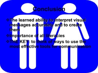 Conclusion The learned ability to interpret visual  messages accurately and to create them Importance of all literacies THE KEY: to think of ways to use the most effective tools for communication 