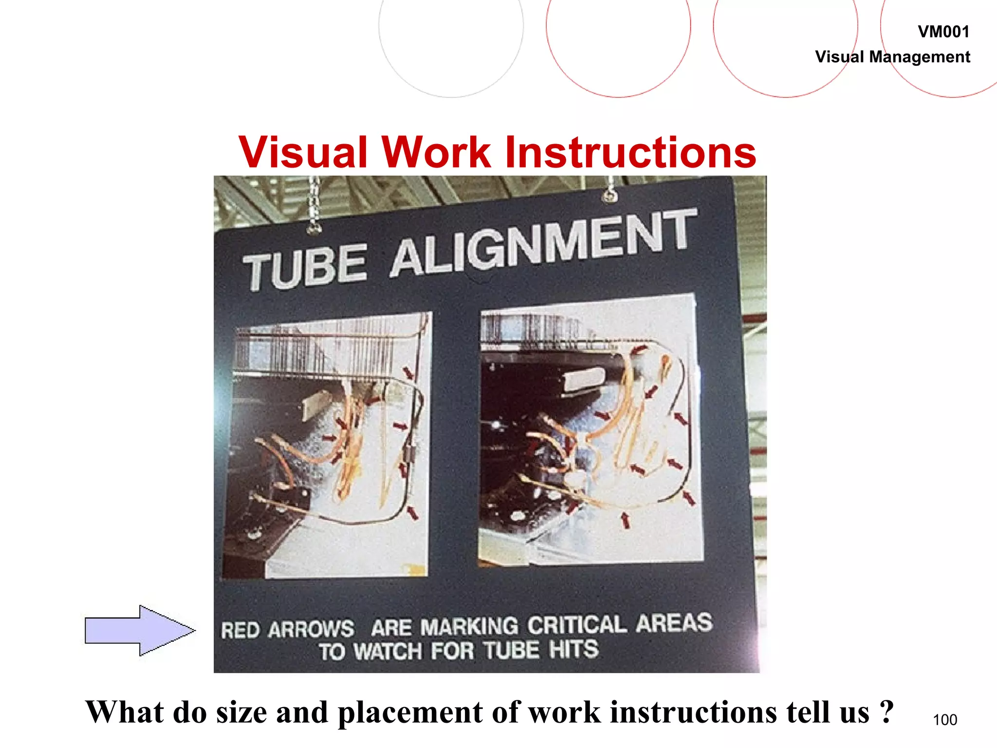 100
VM001
Visual Management
Visual Work Instructions
What do size and placement of work instructions tell us ?
 