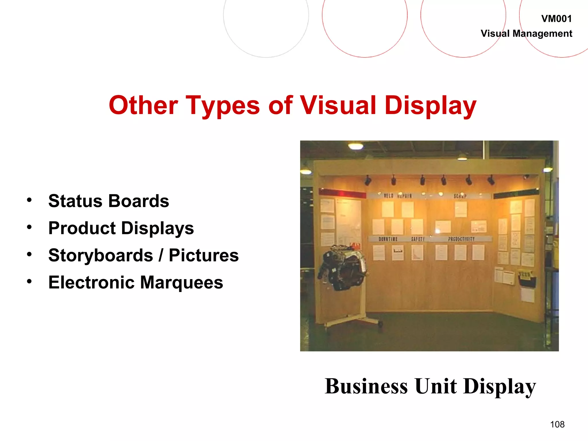108
VM001
Visual Management
Other Types of Visual Display
• Status Boards
• Product Displays
• Storyboards / Pictures
• Electronic Marquees
Business Unit Display
 