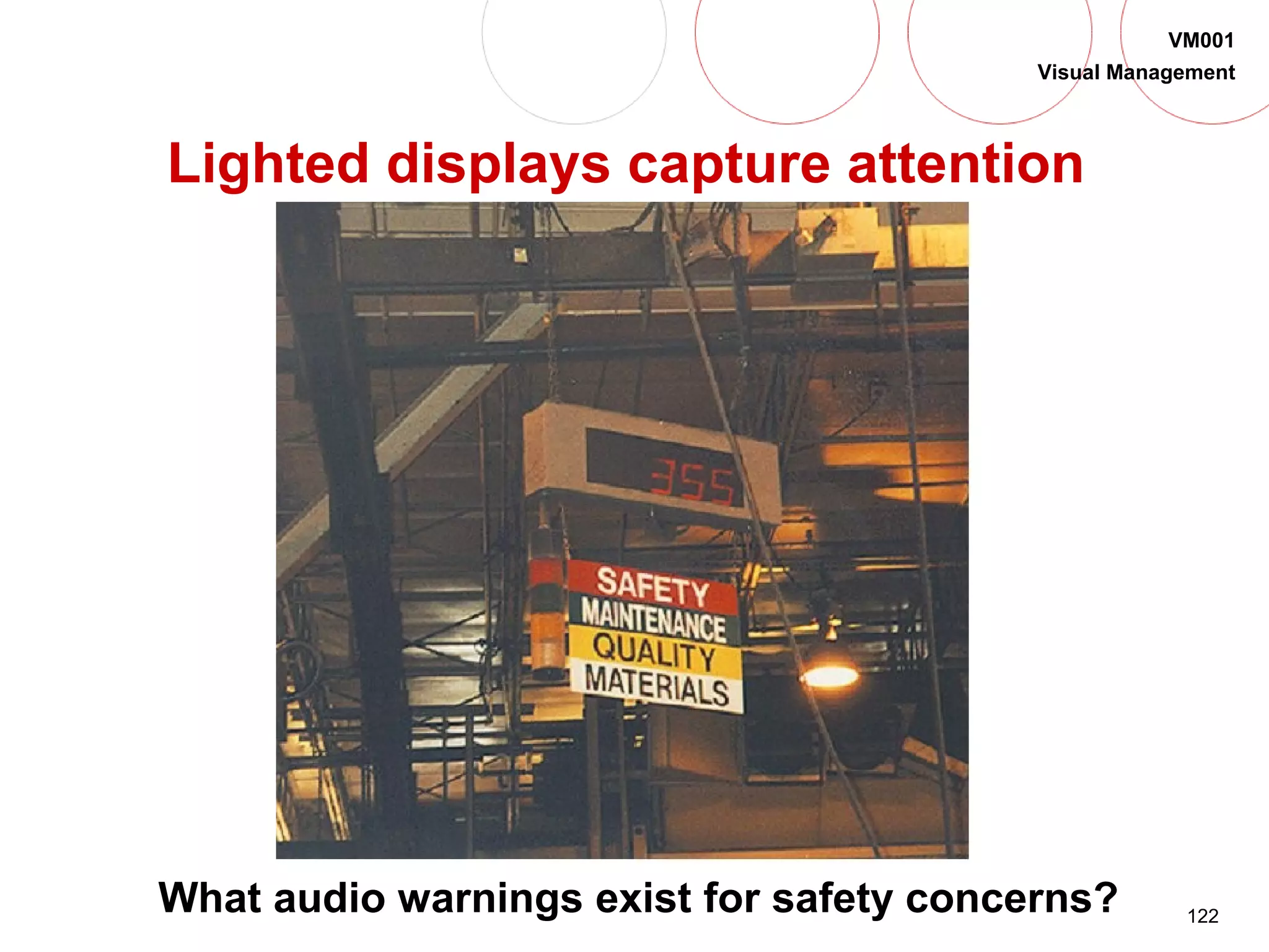 122
VM001
Visual Management
Lighted displays capture attention
What audio warnings exist for safety concerns?
 