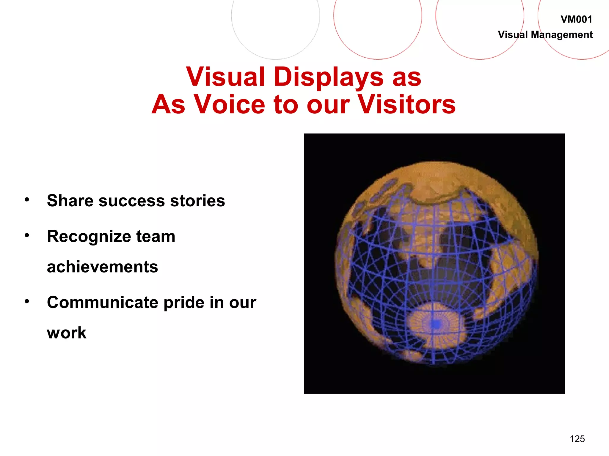 125
VM001
Visual Management
Visual Displays as
As Voice to our Visitors
• Share success stories
• Recognize team
achievements
• Communicate pride in our
work
 
