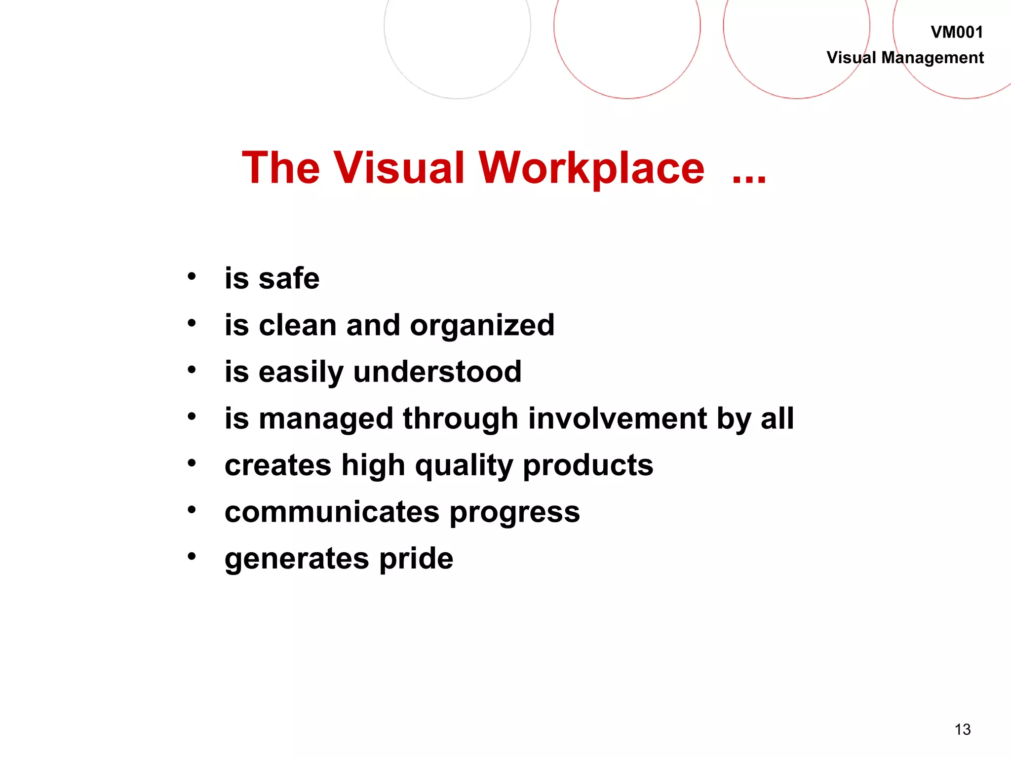 13
VM001
Visual Management
The Visual Workplace ...
• is safe
• is clean and organized
• is easily understood
• is managed through involvement by all
• creates high quality products
• communicates progress
• generates pride
 
