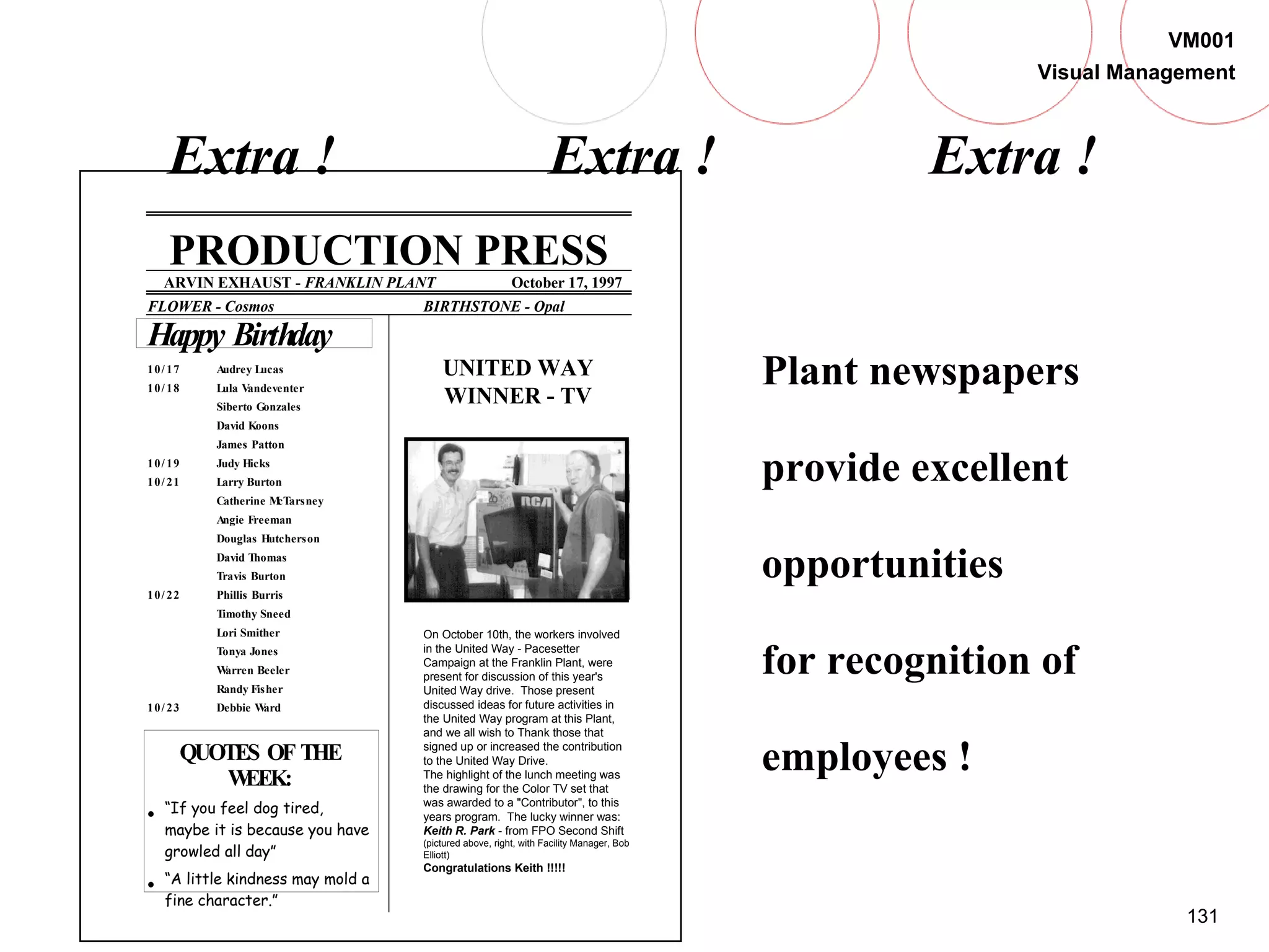 131
VM001
Visual Management
PRODUCTION PRESS
ARVIN EXHAUST - FRANKLIN PLANT October 17, 1997
FLOWER - Cosmos BIRTHSTONE - Opal
Happy Birthday
10/ 17 Audrey Lucas
10/ 18 Lula Vandeventer
Siberto Gonzales
David Koons
James Patton
10/ 19 Judy Hicks
10/ 21 Larry Burton
Catherine McTarsney
Angie Freeman
Douglas Hutcherson
David Thomas
Travis Burton
10/ 22 Phillis Burris
Timothy Sneed
Lori Smither
Tonya Jones
Warren Beeler
Randy Fisher
10/ 23 Debbie Ward
QUOTES OF THE
WEEK:
• “If you feel dog tired,
maybe it is because you have
growled all day”
• “A little kindness may mold a
fine character.”
UNITED WAY
WINNER - TV
On October 10th, the workers involved
in the United Way - Pacesetter
Campaign at the Franklin Plant, were
present for discussion of this year's
United Way drive. Those present
discussed ideas for future activities in
the United Way program at this Plant,
and we all wish to Thank those that
signed up or increased the contribution
to the United Way Drive.
The highlight of the lunch meeting was
the drawing for the Color TV set that
was awarded to a "Contributor", to this
years program. The lucky winner was:
Keith R. Park - from FPO Second Shift
(pictured above, right, with Facility Manager, Bob
Elliott)
Congratulations Keith !!!!!
Plant newspapers
provide excellent
opportunities
for recognition of
employees !
Extra ! Extra ! Extra !
 