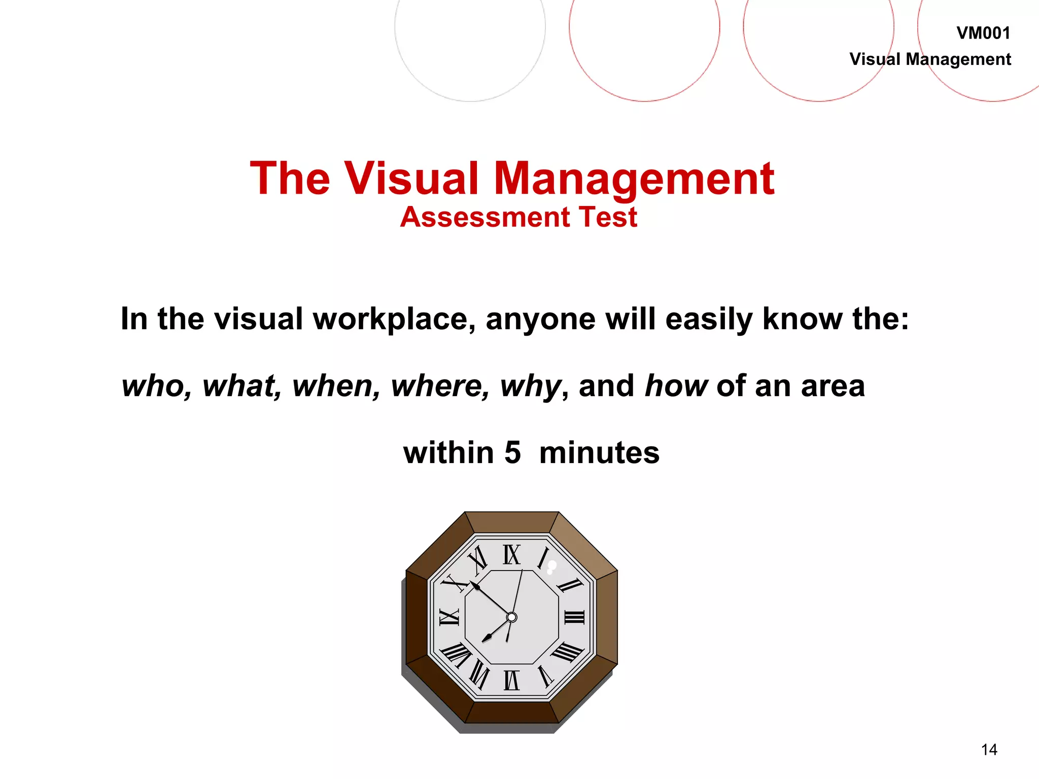 14
VM001
Visual Management
The Visual Management
Assessment Test
In the visual workplace, anyone will easily know the:
who, what, when, where, why, and how of an area
within 5 minutes
 