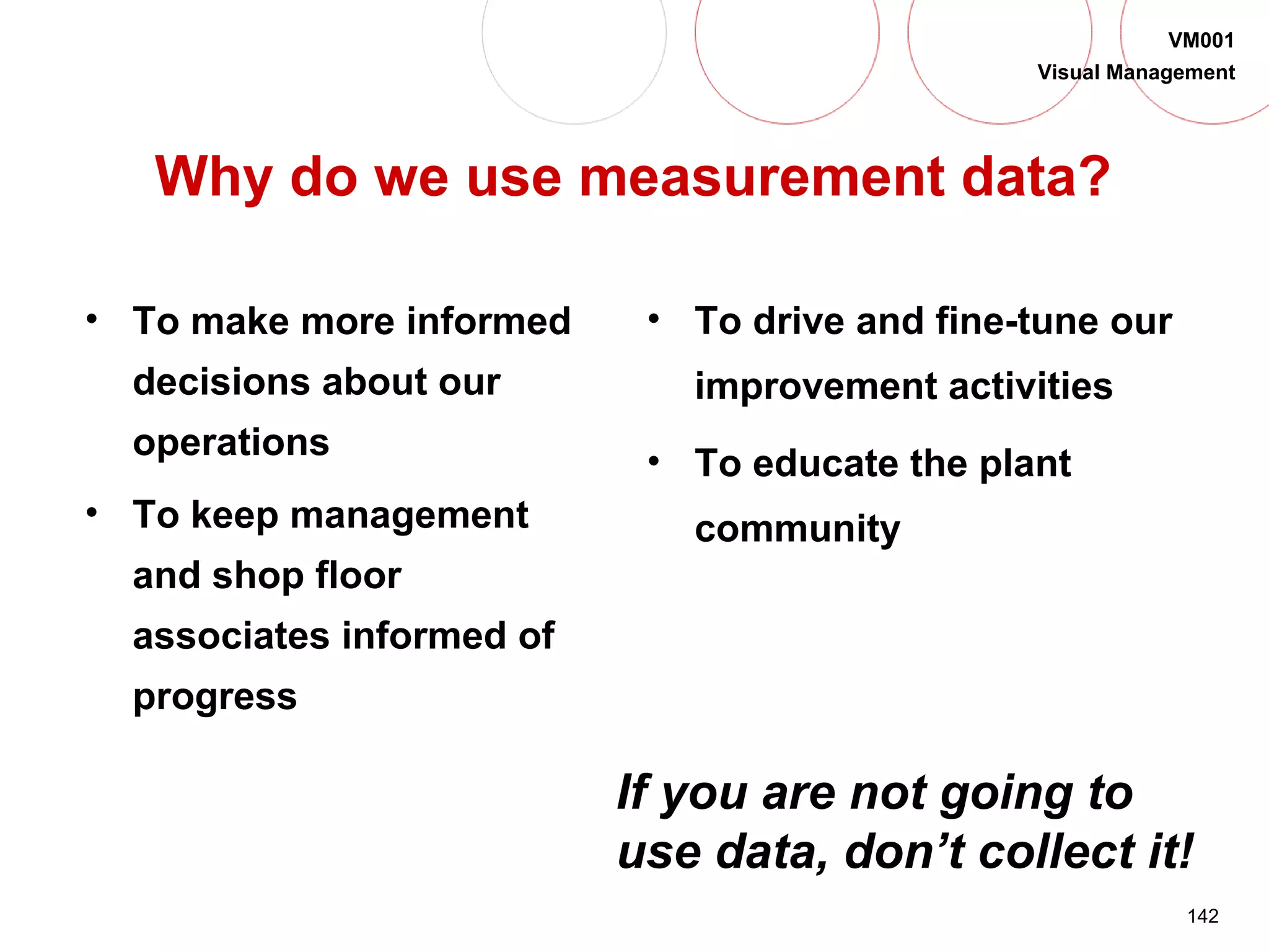142
VM001
Visual Management
Why do we use measurement data?
• To make more informed
decisions about our
operations
• To keep management
and shop floor
associates informed of
progress
If you are not going to
use data, don’t collect it!
• To drive and fine-tune our
improvement activities
• To educate the plant
community
 
