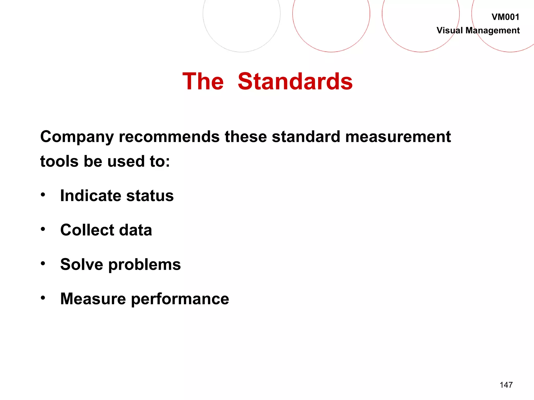 147
VM001
Visual Management
The Standards
Company recommends these standard measurement
tools be used to:
• Indicate status
• Collect data
• Solve problems
• Measure performance
 