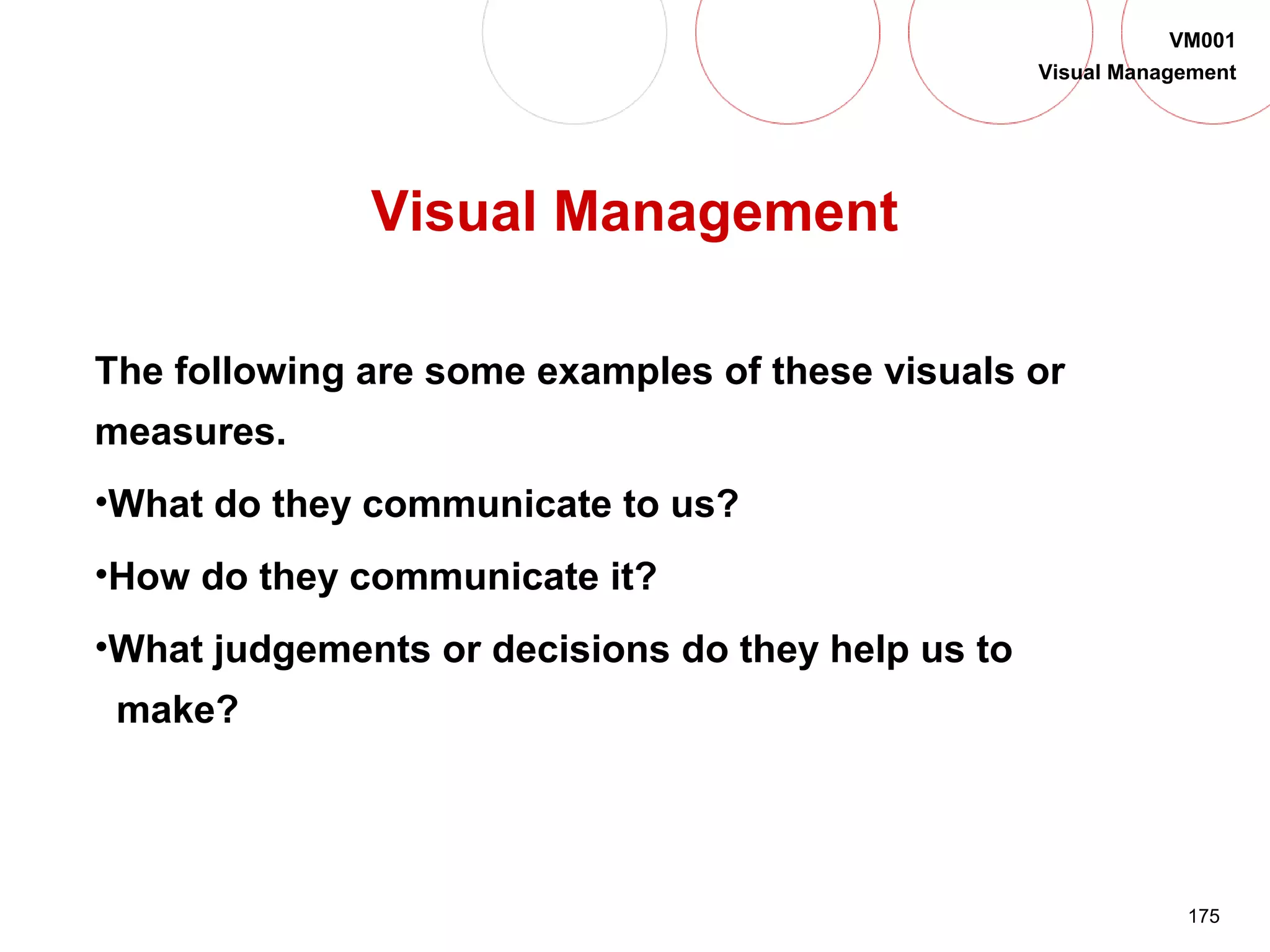 175
VM001
Visual Management
The following are some examples of these visuals or
measures.
•What do they communicate to us?
•How do they communicate it?
•What judgements or decisions do they help us to
make?
Visual Management
 