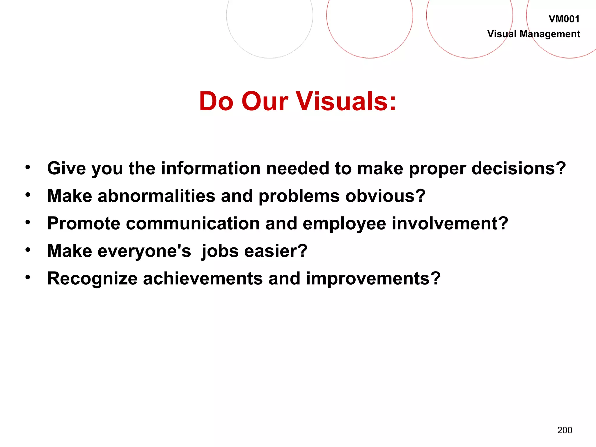 200
VM001
Visual Management
Do Our Visuals:
• Give you the information needed to make proper decisions?
• Make abnormalities and problems obvious?
• Promote communication and employee involvement?
• Make everyone's jobs easier?
• Recognize achievements and improvements?
 
