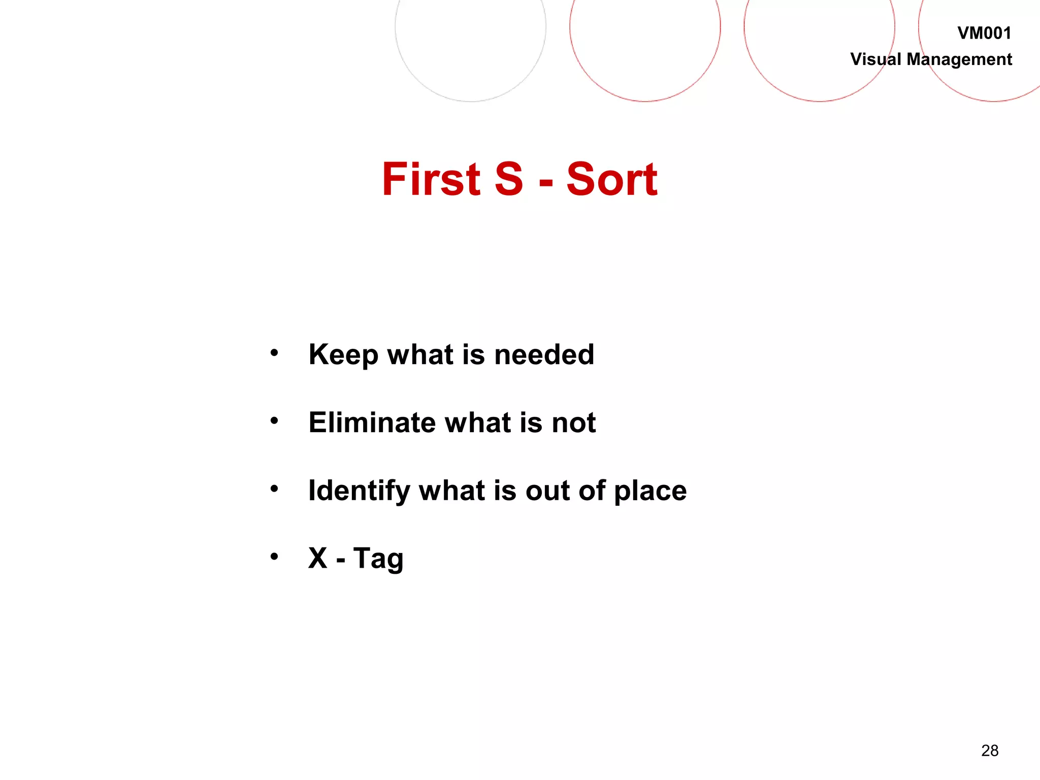28
VM001
Visual Management
First S - Sort
• Keep what is needed
• Eliminate what is not
• Identify what is out of place
• X - Tag
 