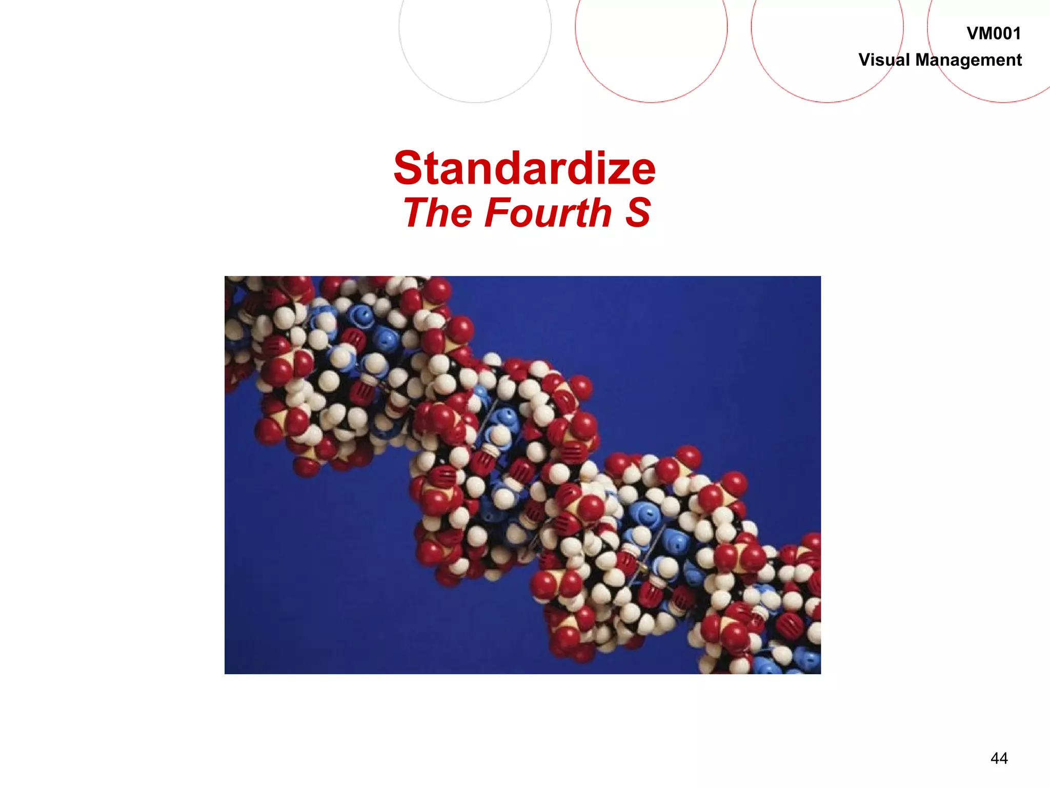 44
VM001
Visual Management
Standardize
The Fourth S
 