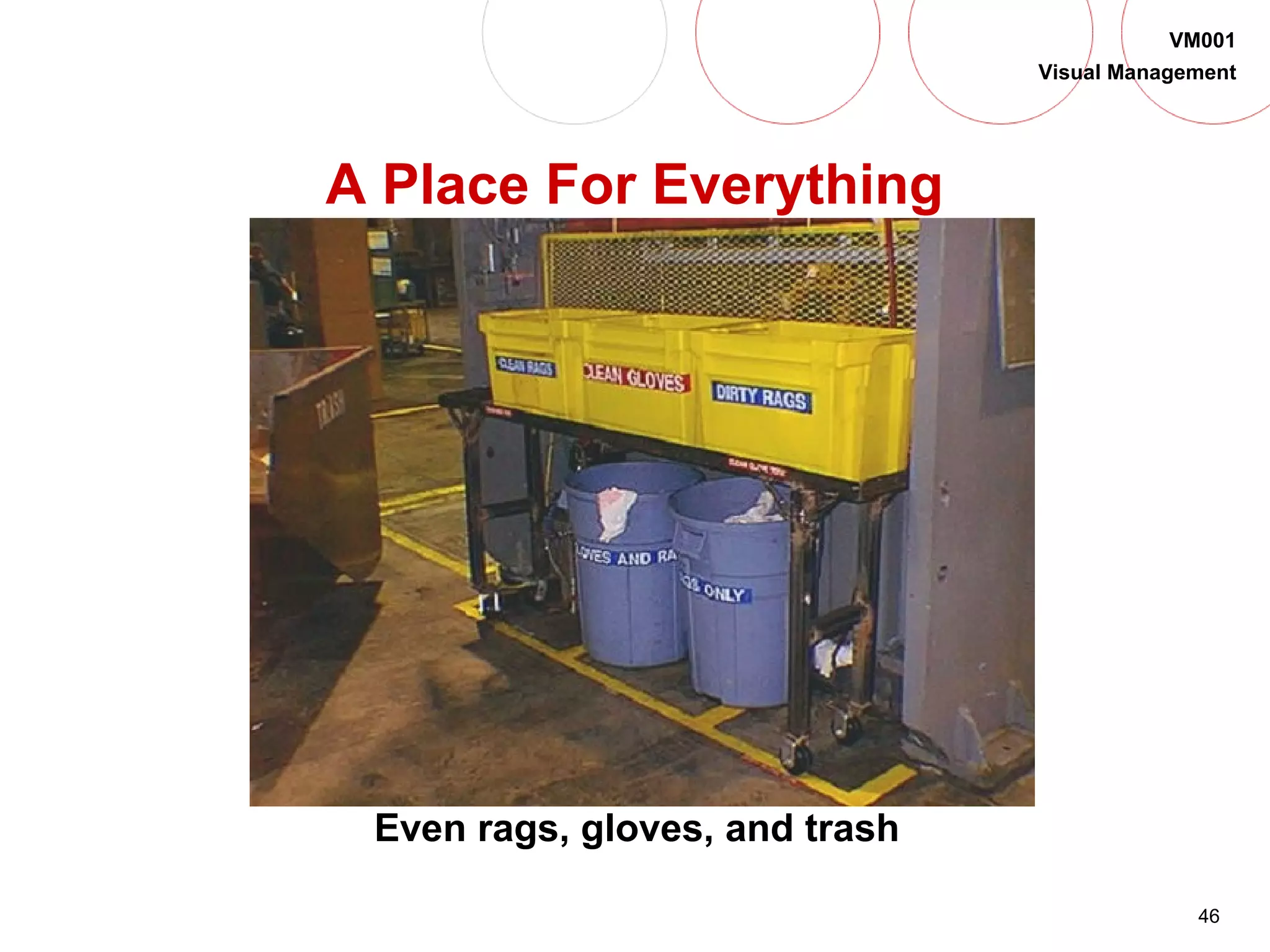 46
VM001
Visual Management
A Place For Everything
Even rags, gloves, and trash
 