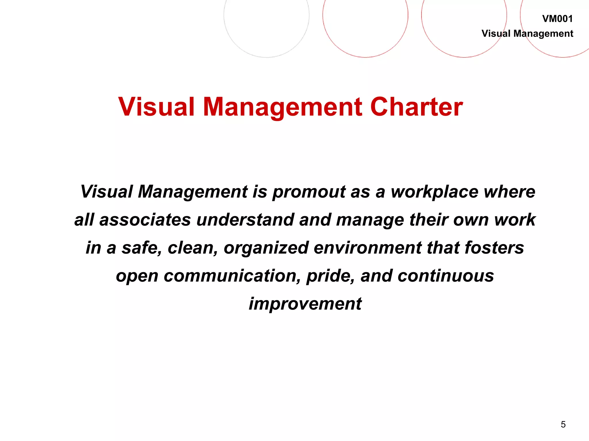 5
VM001
Visual Management
Visual Management Charter
Visual Management is promout as a workplace where
all associates understand and manage their own work
in a safe, clean, organized environment that fosters
open communication, pride, and continuous
improvement
 