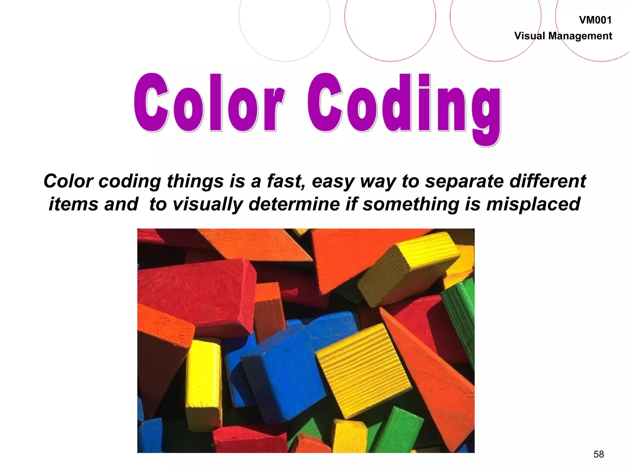 58
VM001
Visual Management
Color coding things is a fast, easy way to separate different
items and to visually determine if something is misplaced
 