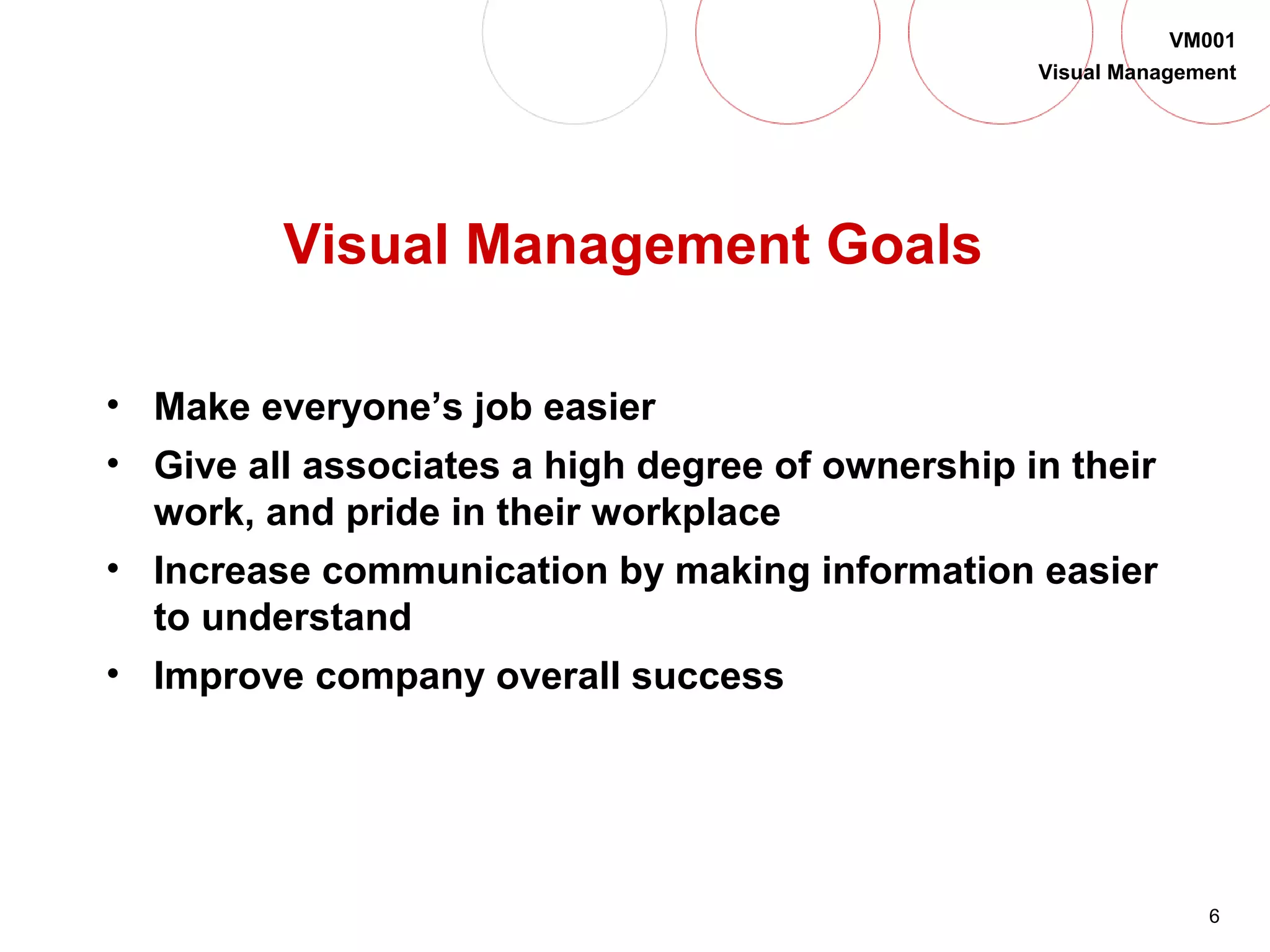 6
VM001
Visual Management
Visual Management Goals
• Make everyone’s job easier
• Give all associates a high degree of ownership in their
work, and pride in their workplace
• Increase communication by making information easier
to understand
• Improve company overall success
 